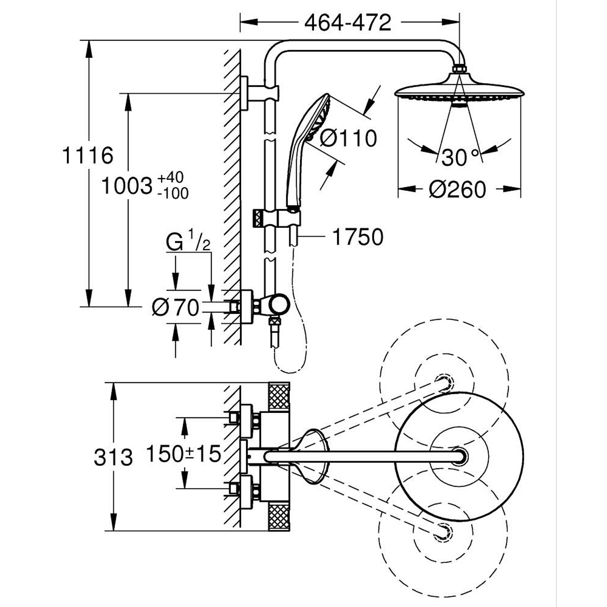 Grohe Vitalio Joy System 260 Kolonlu Duş Paneli, Termostatik Duş Bataryası ile Birlikte, Mat Siyah 264032432