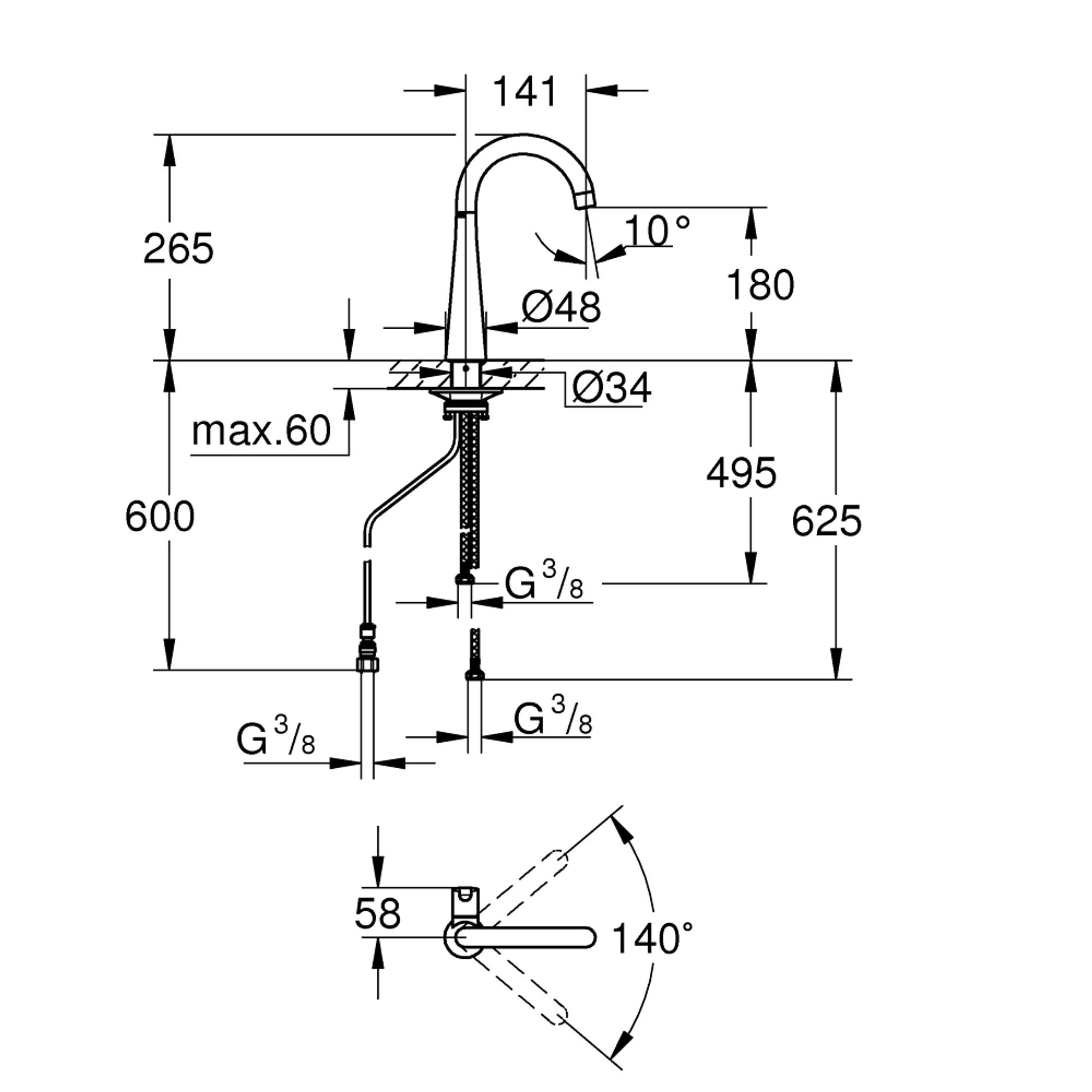 Grohe Zedra Eviye Musluğu C Borulu Tek Su Girişli Krom 30026002