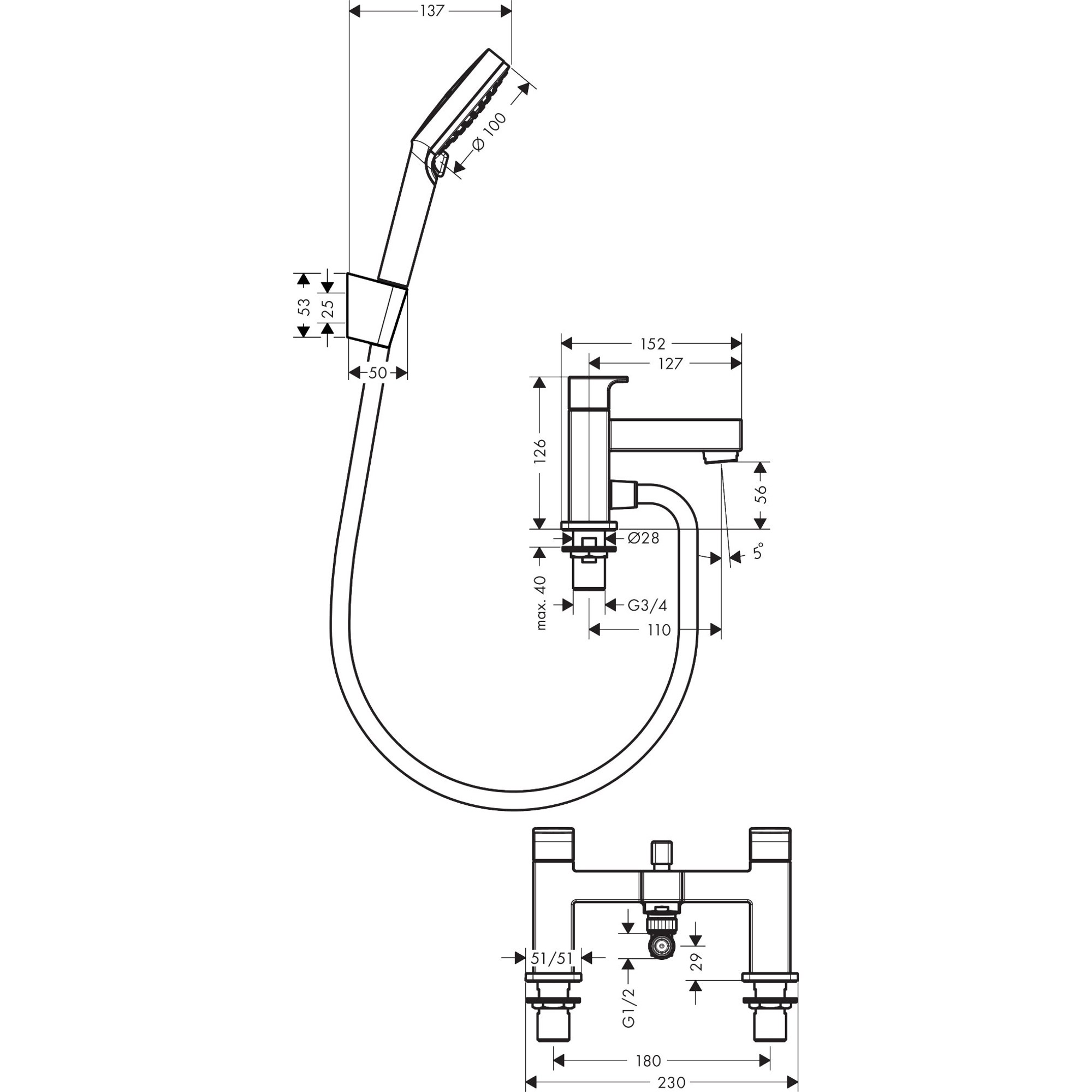 Hansgrohe 2-Hole Rim Mounted Bath Mixer With Diverter Valve And Vernis Blend Hand Shower Vario 71462000
