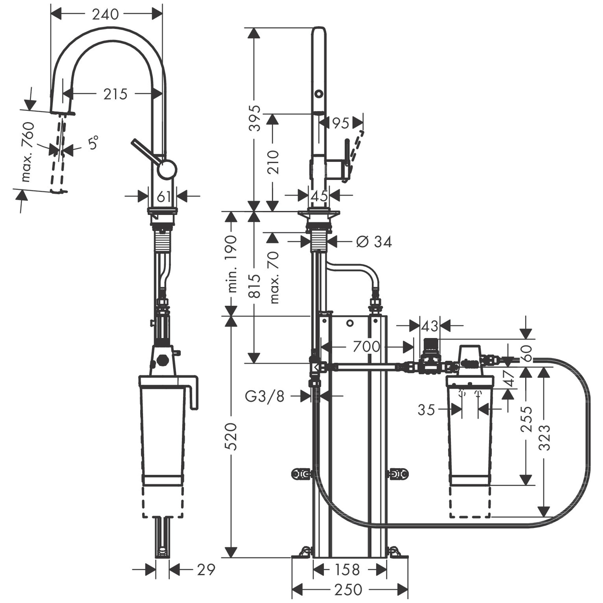 Hansgrohe Aqittura M91 Filtre Sistemi 210, Çekil Eviye Bataryası Gaga, 1Jet, Sbox, 76800670