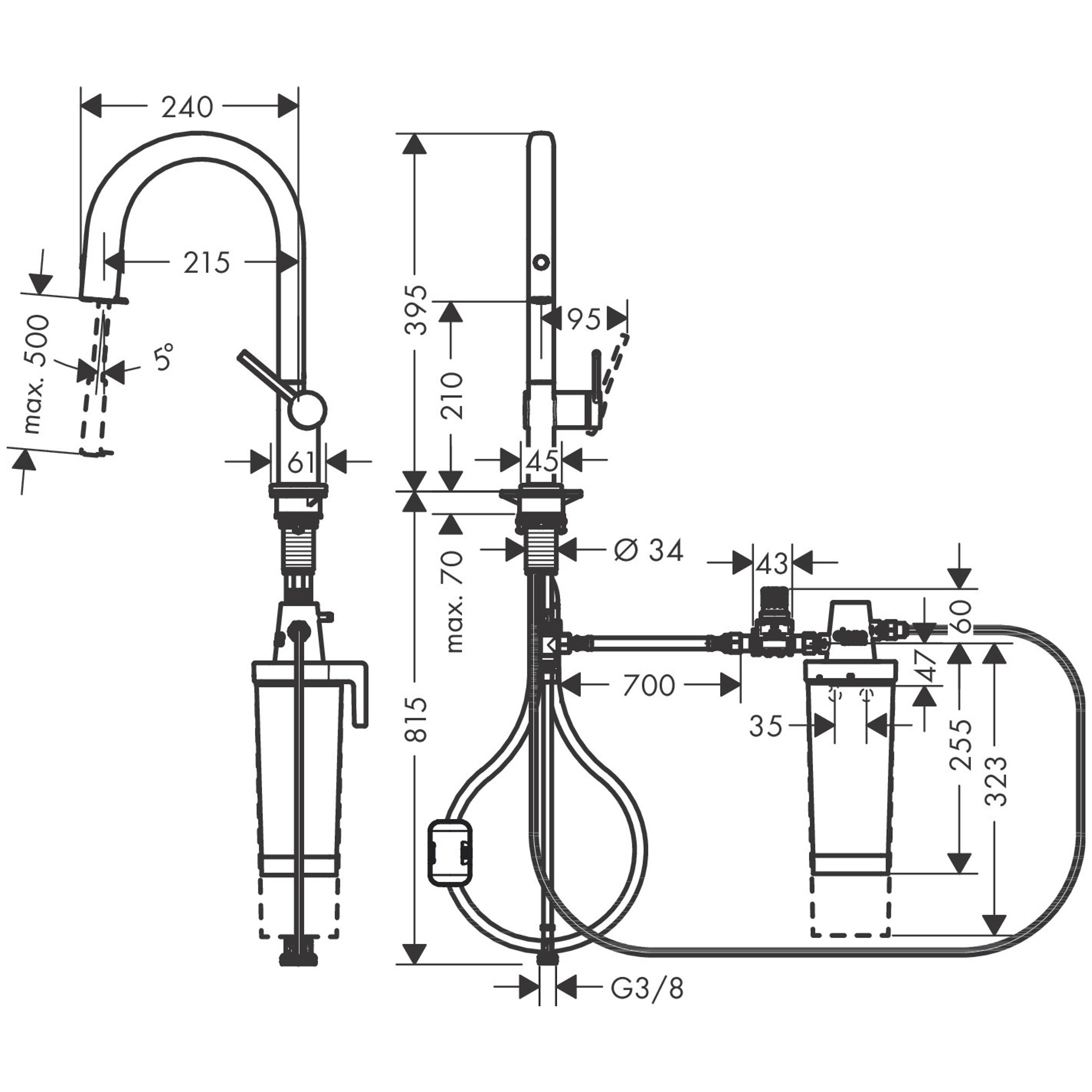 Hansgrohe Aqittura M91 Filtre Sistemi 210, Çekil Eviye Bataryası Gaga, 1Jet, Başlangıç Kiti 76801000