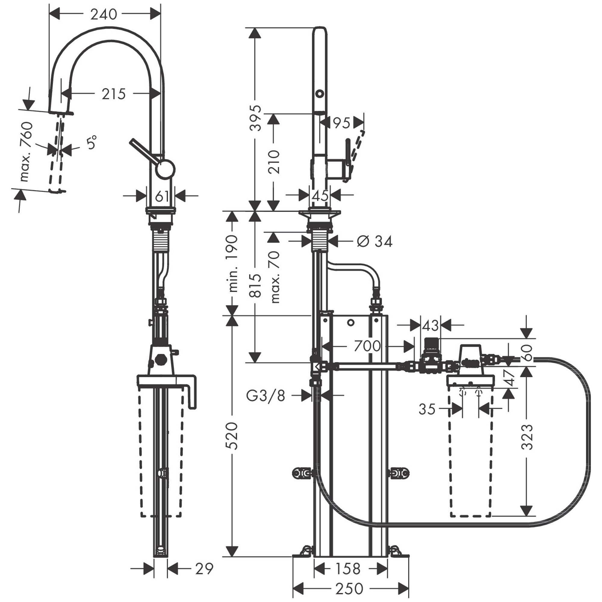 Hansgrohe Aqittura M91 Filtre Sistemi 210, Çekil Eviye Bataryası Gaga, 1Jet, Sbox 76826000