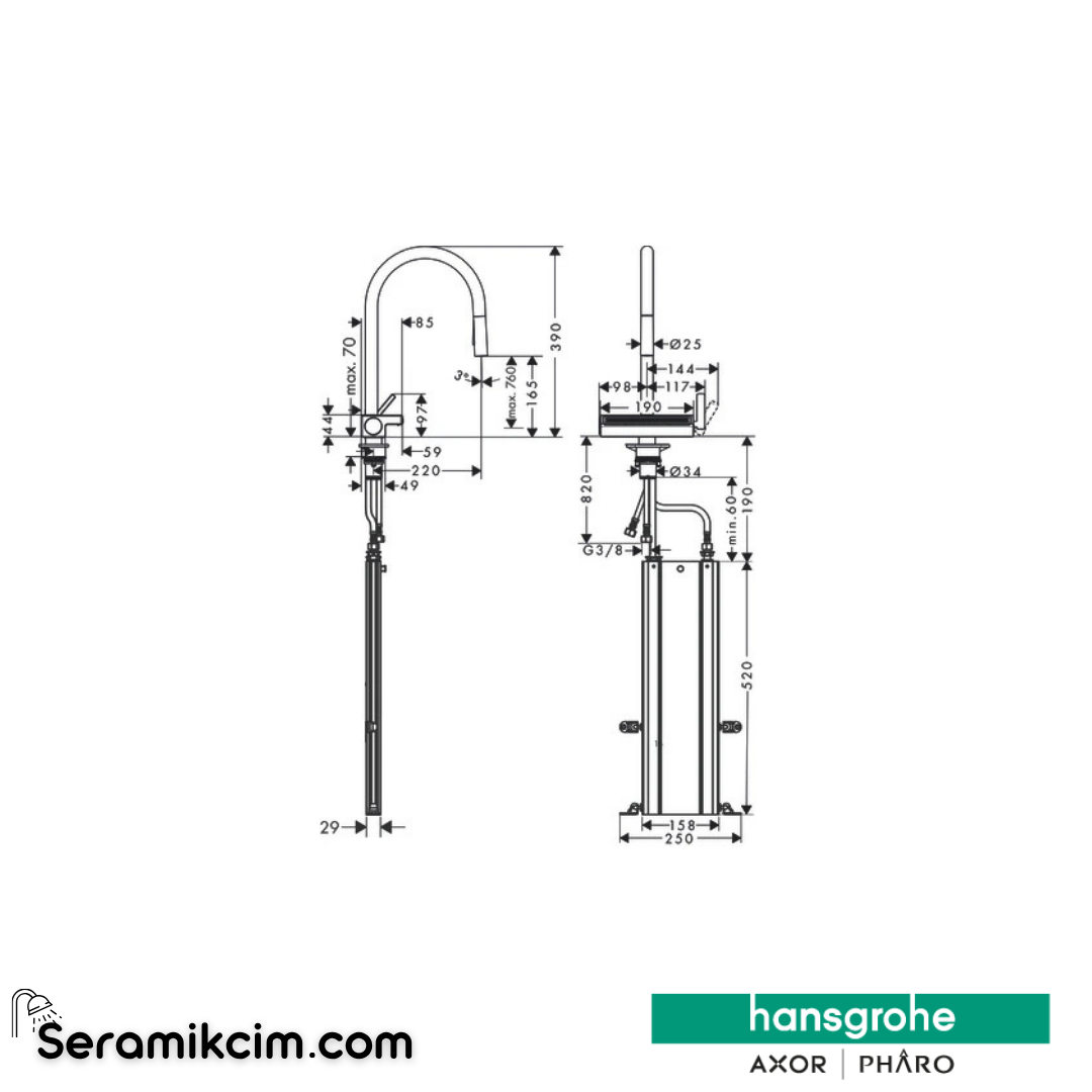 Hansgrohe Aquno M8 170 Tek Kollu Eviye Bataryası Spiralli sBox Mat Siyah 73831670