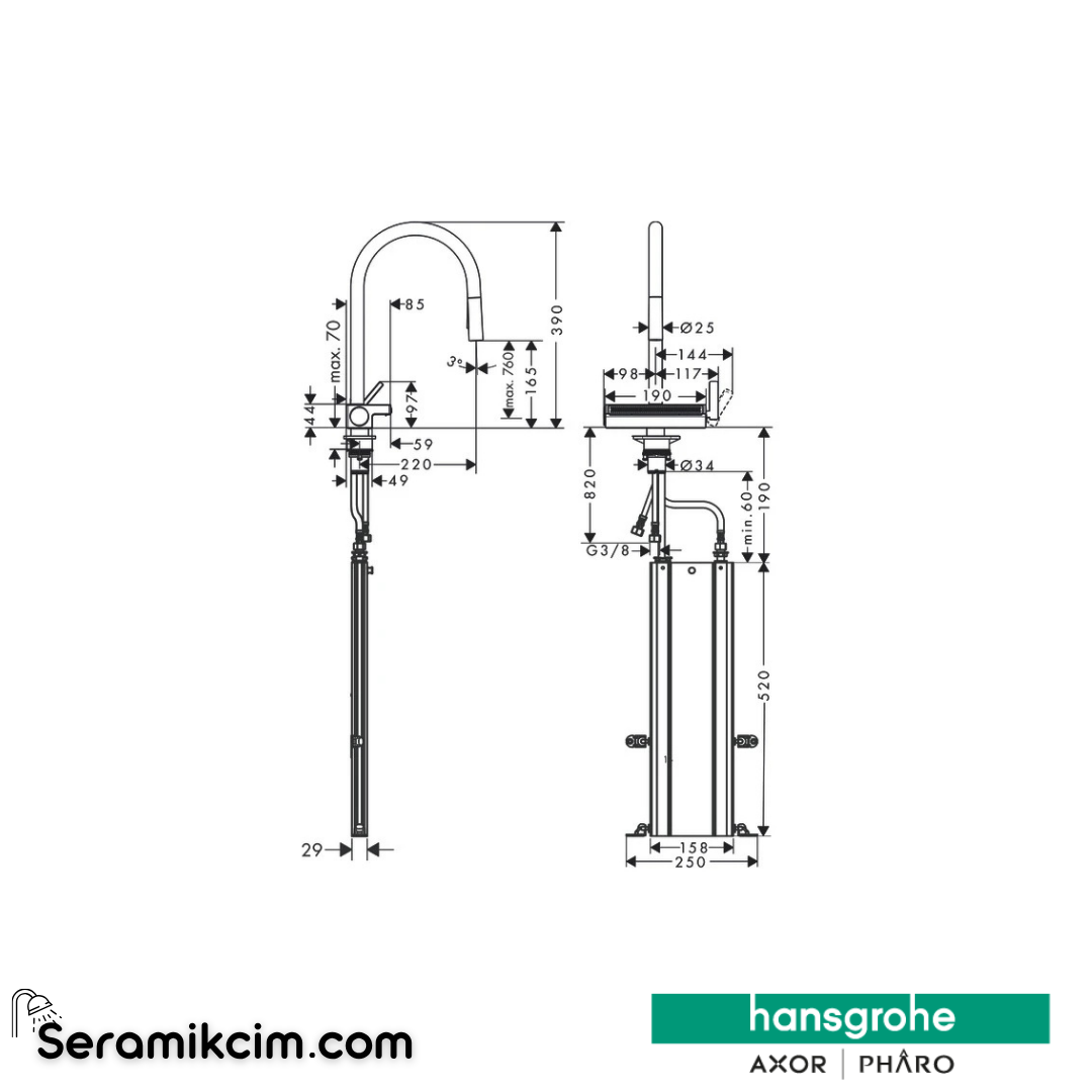 Hansgrohe Aquno M81 170 Tek Kollu Eviye Bataryası Spiralli 3 Jet sBox Krom 73831000