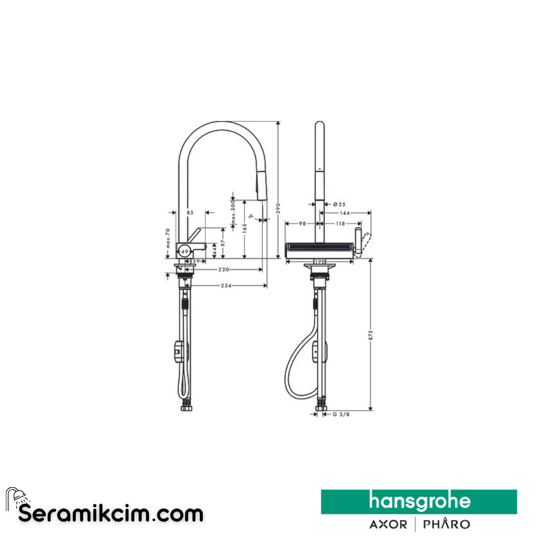Hansgrohe Aquno Select M81 170 Tek Kollu Eviye Bataryası 3 Jet Spiralli Paslanmaz Çelik 73837800