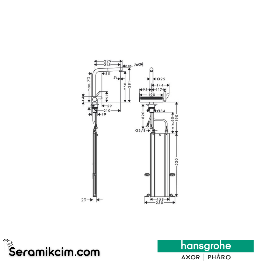 Hansgrohe Aquno Select M81 250 Tek Kollu Eviye Bataryası 2 Jet Spiralli sBox Krom 73830000