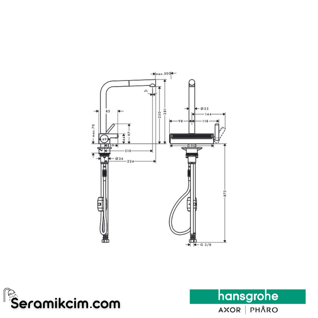 Hansgrohe Aquno Select M81 250 Tek Kollu Eviye Bataryası Spiralli 2 Jet Paslanmaz Çelik 73836800