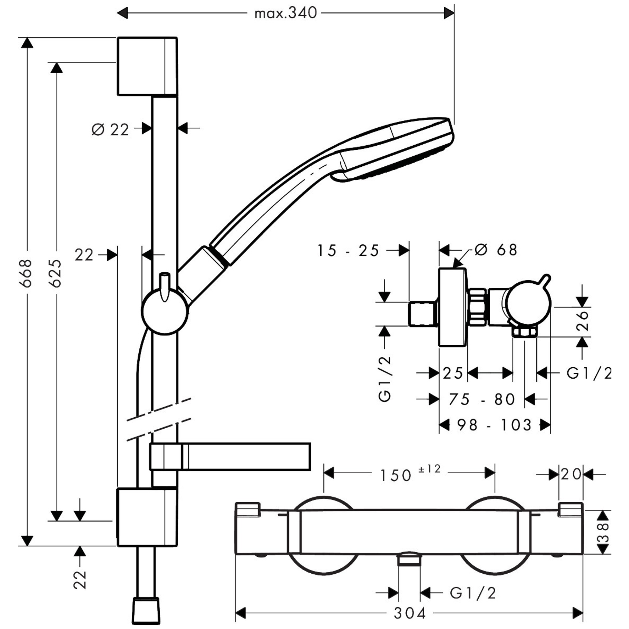 Hansgrohe Croma 100 Multi Termostatik Sürgülü Duş Seti 65 cm Ecostat Comfort Krom 27086000