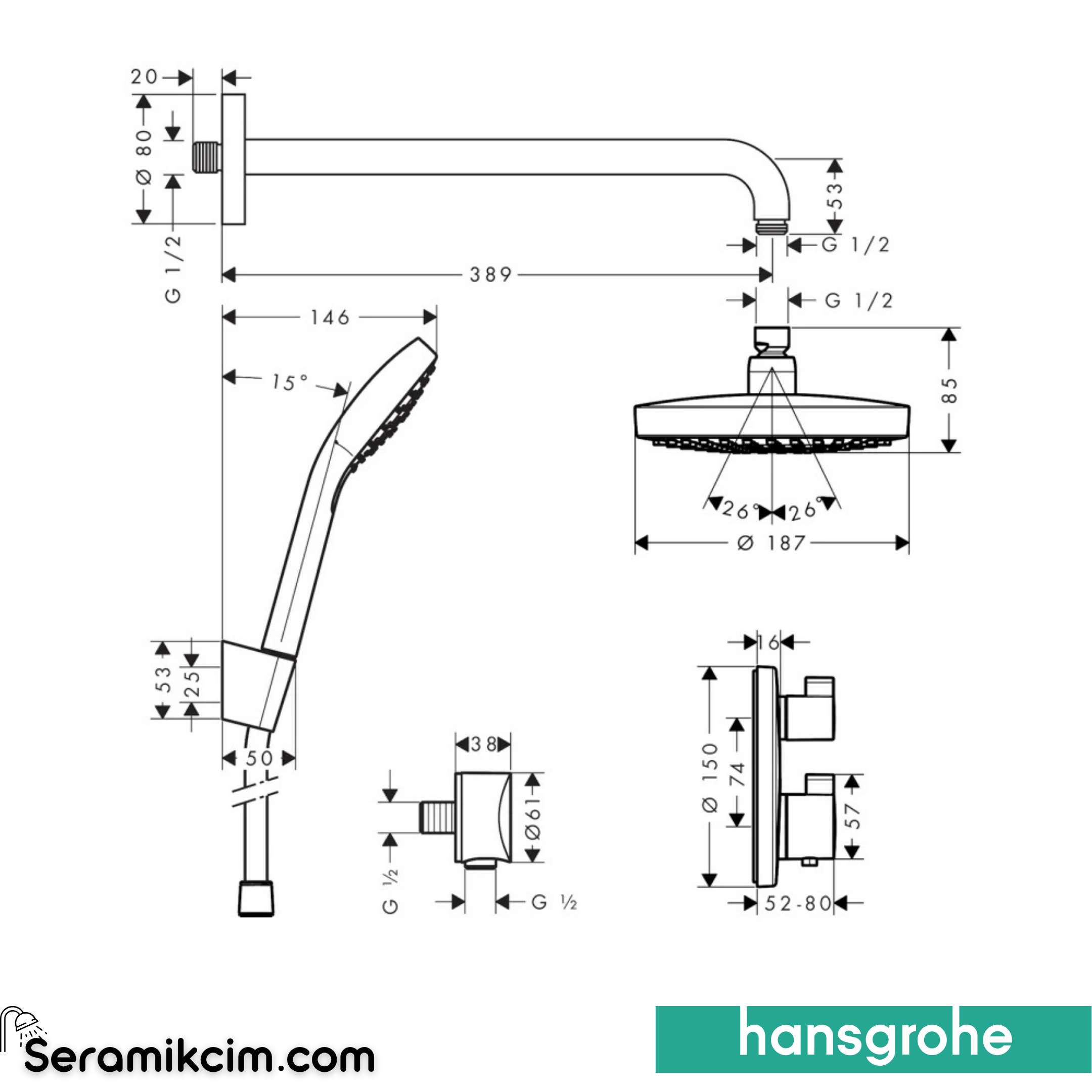 Hansgrohe Croma Select S Ankastre Duşu Sistemi Ecosmart+Termostatik 27295000