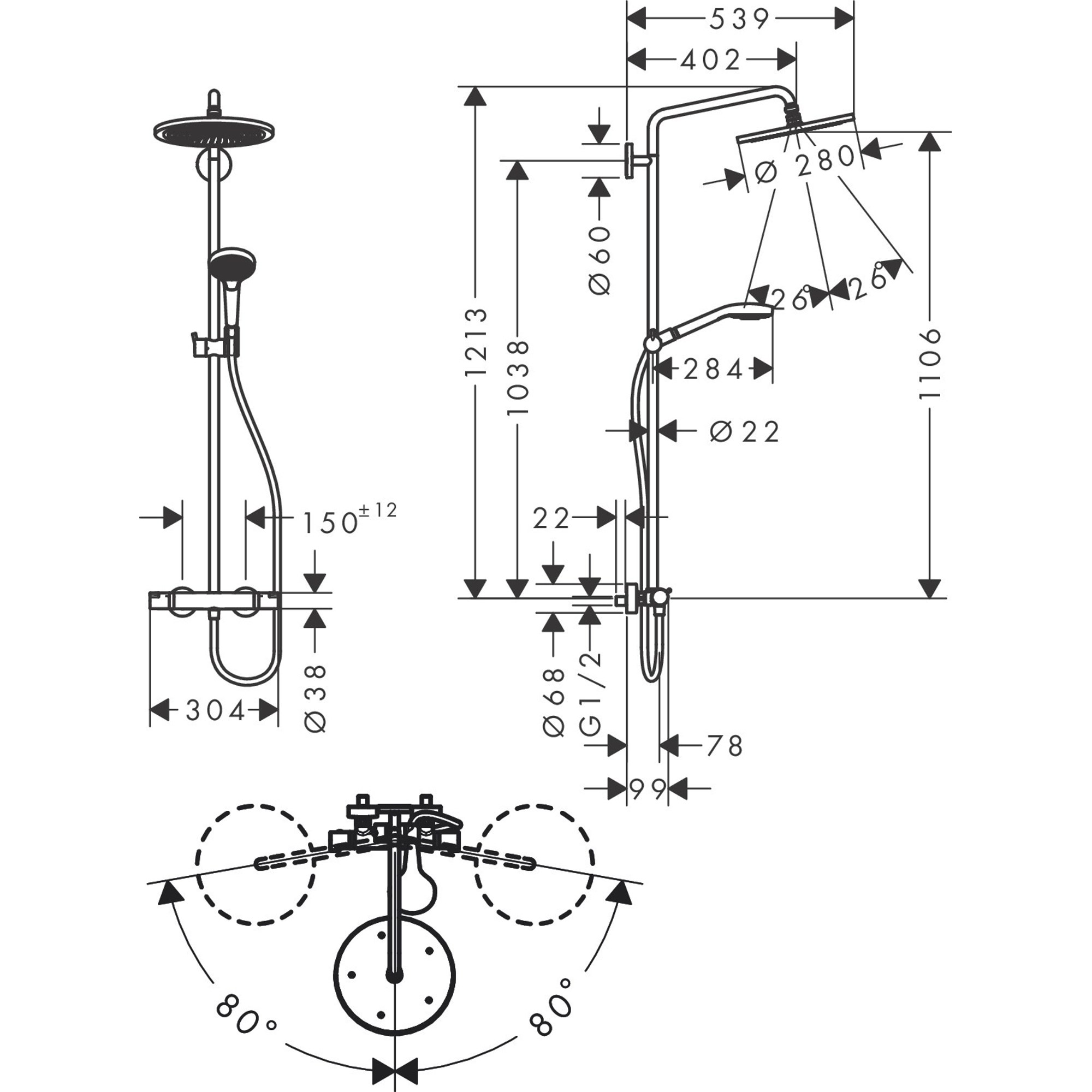 Hansgrohe Croma Select S Termostatik Duş Sistemi 28 cm 1 Fonksiyonlu Mat Siyah-Krom 26890340