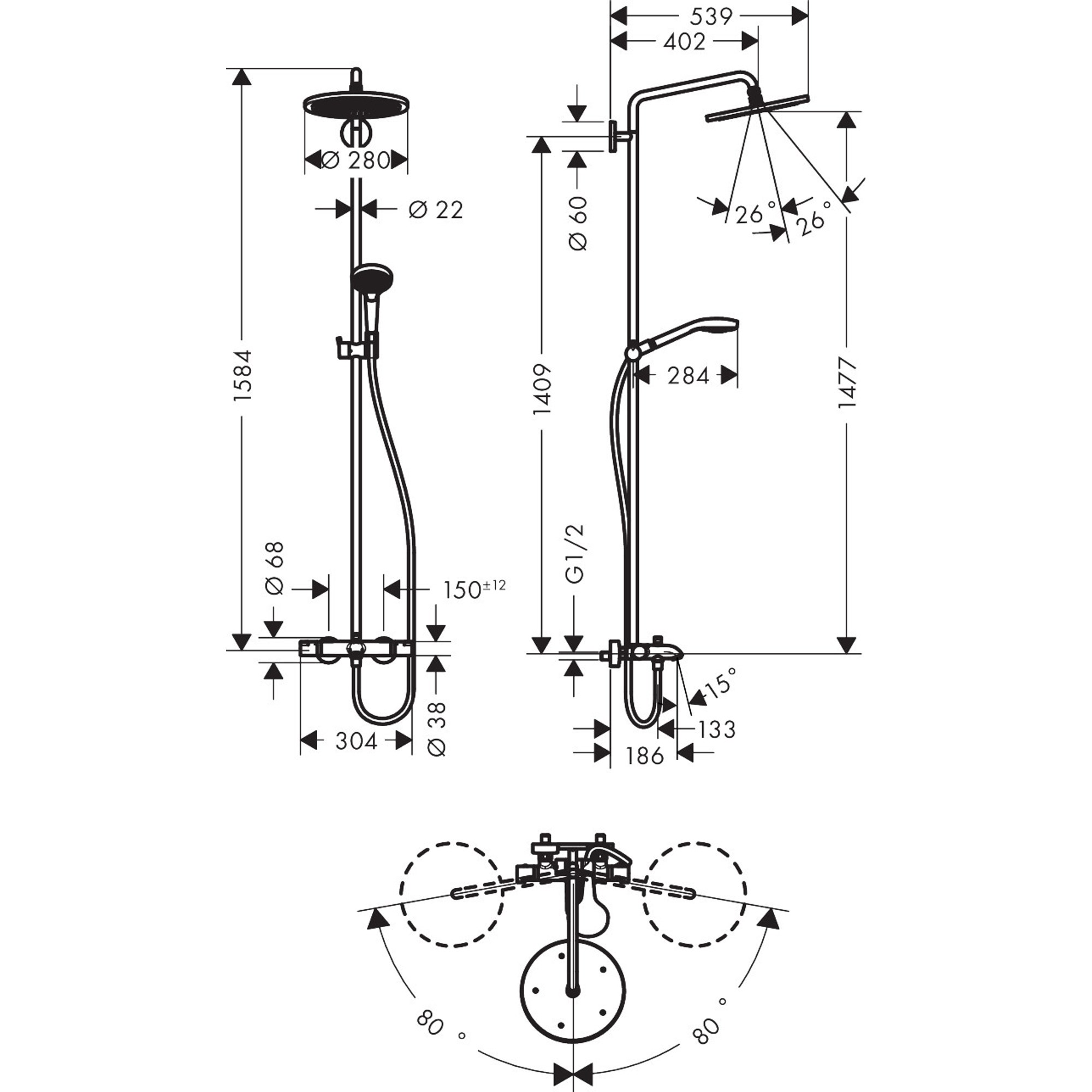 Hansgrohe Croma Select S Termostatik Duş Sistemi 28 cm 1 Fonksiyonlu Krom 26792000
