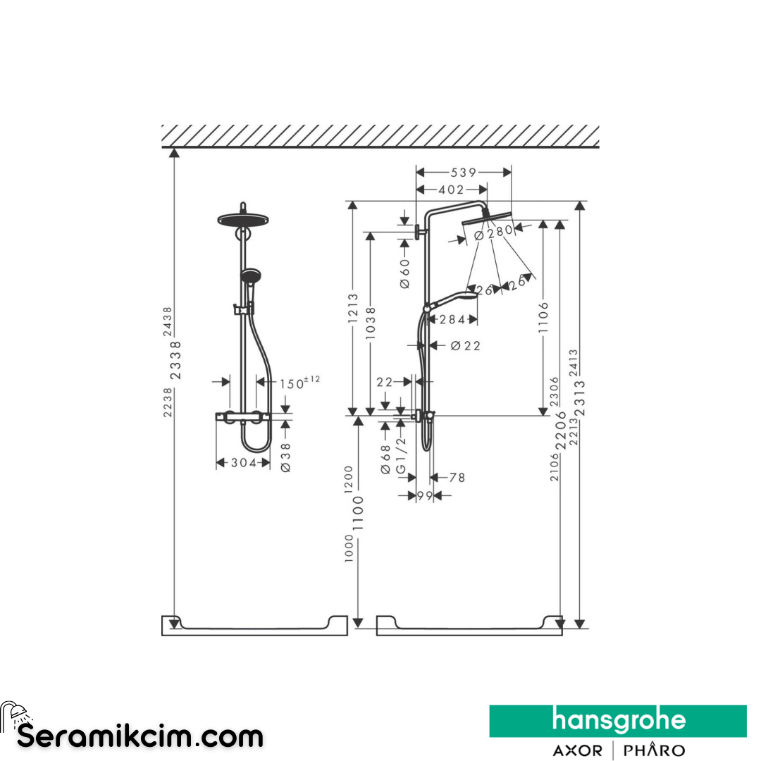 Hansgrohe Croma Select S280 Duş Kolonu Ecosmart 9L Termostatik Mat Bronz 26891140