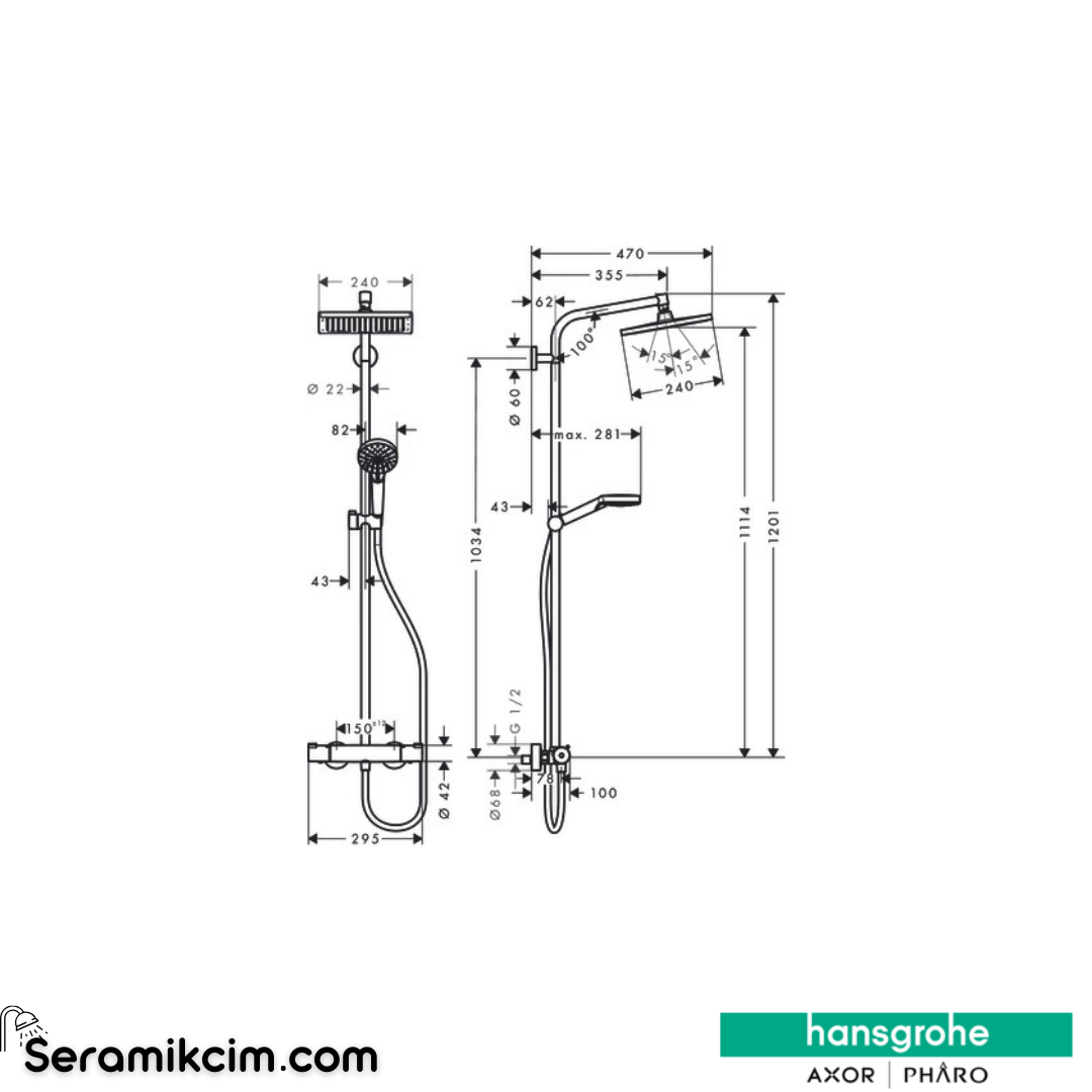 Hansgrohe Crometta E240 Duş Kolonu 1 Fonksiyonlu Ecosmart+ Termostatik Krom 27281000