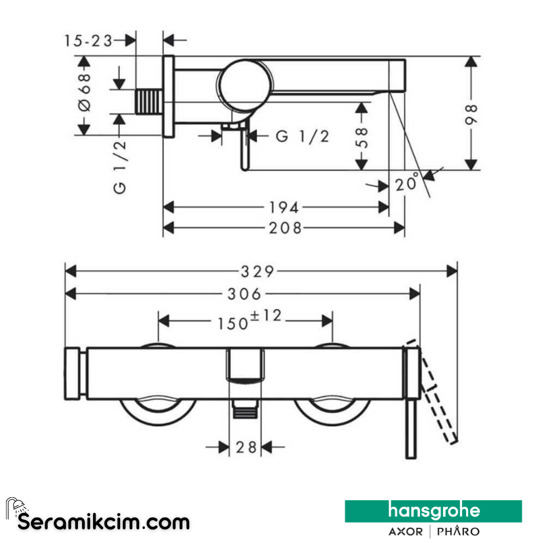 Hansgrohe Finoris Tek Kollu Banyo Bataryası Aplike Montaj  76420000 - 76420000