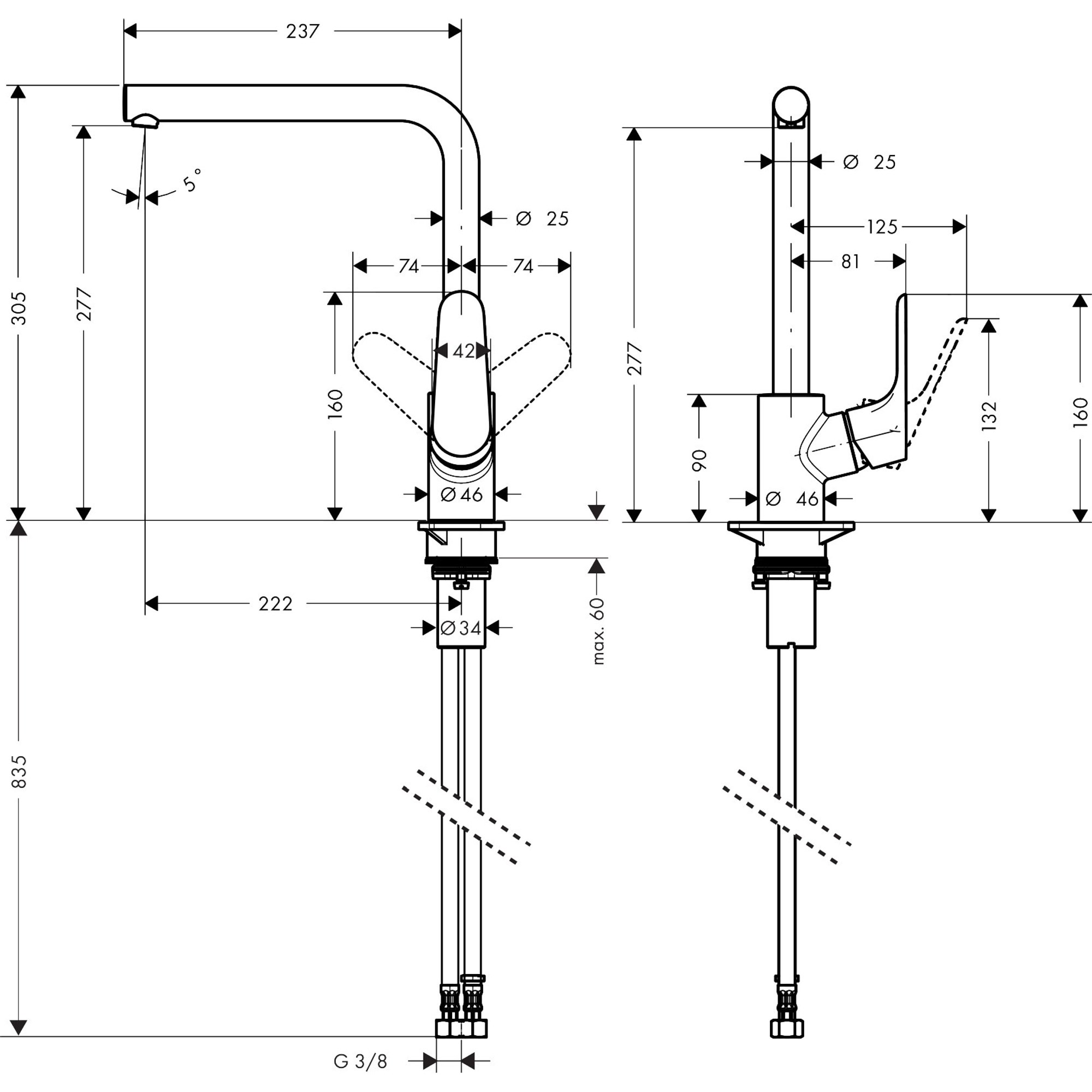 Hansgrohe Focus 280 Eviye Bataryası Krom Ecosmart+ Krom 31827000