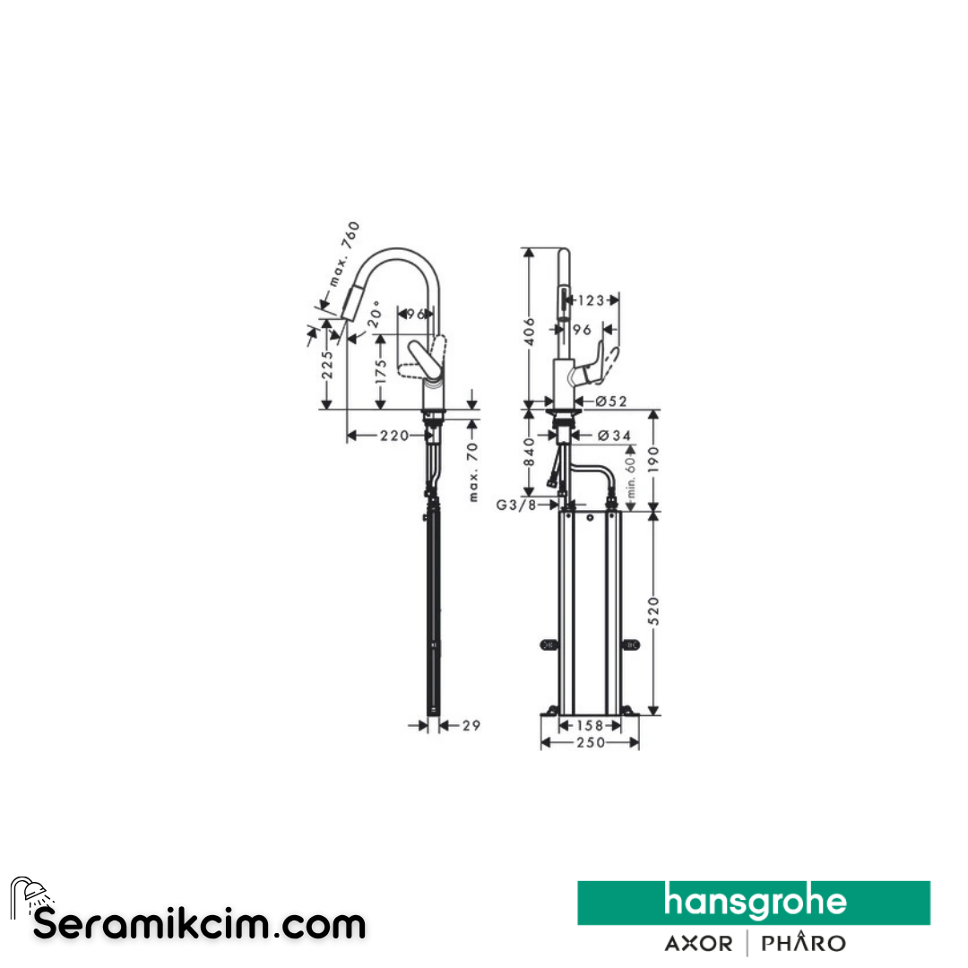 Hansgrohe Focus M41 H240 Tek Kollu Eviye Bataryası Spiralli 2 Jet Sbox Krom 73880000