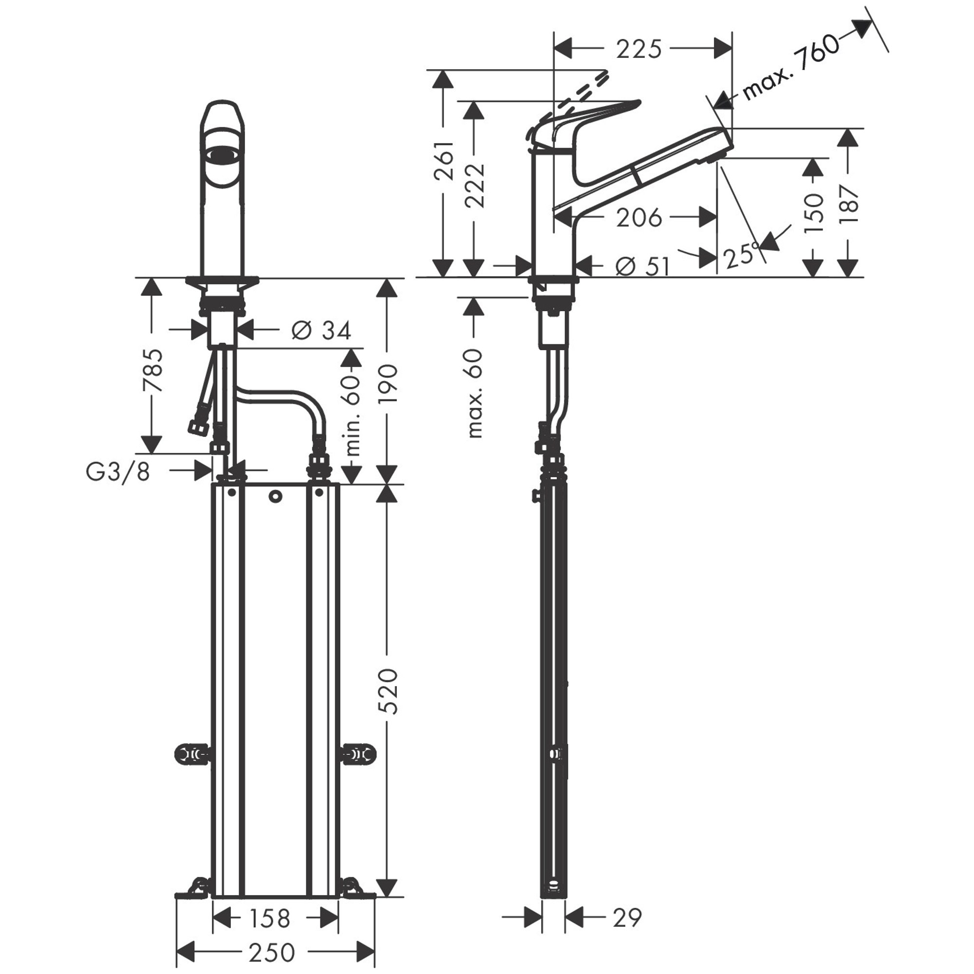 Hansgrohe M4214-H150 Eviye Bataryası Çek. İle Paslanmaz Çelik 71829800