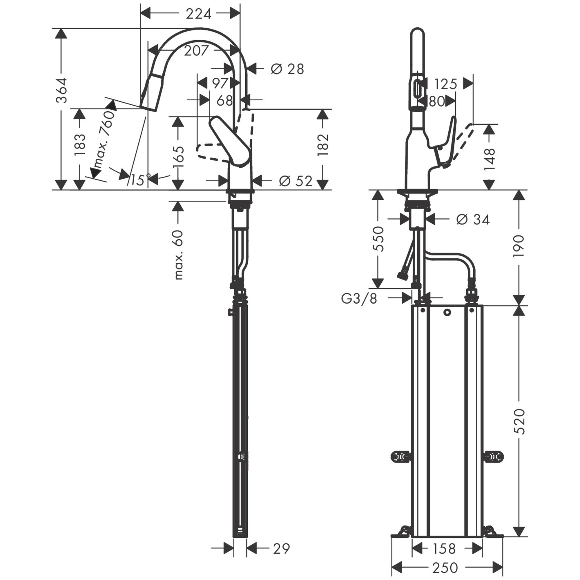 Hansgrohe M4216-H180 Eviye Bataryası Çek. El Duşu Paslanmaz Çelik 71821800