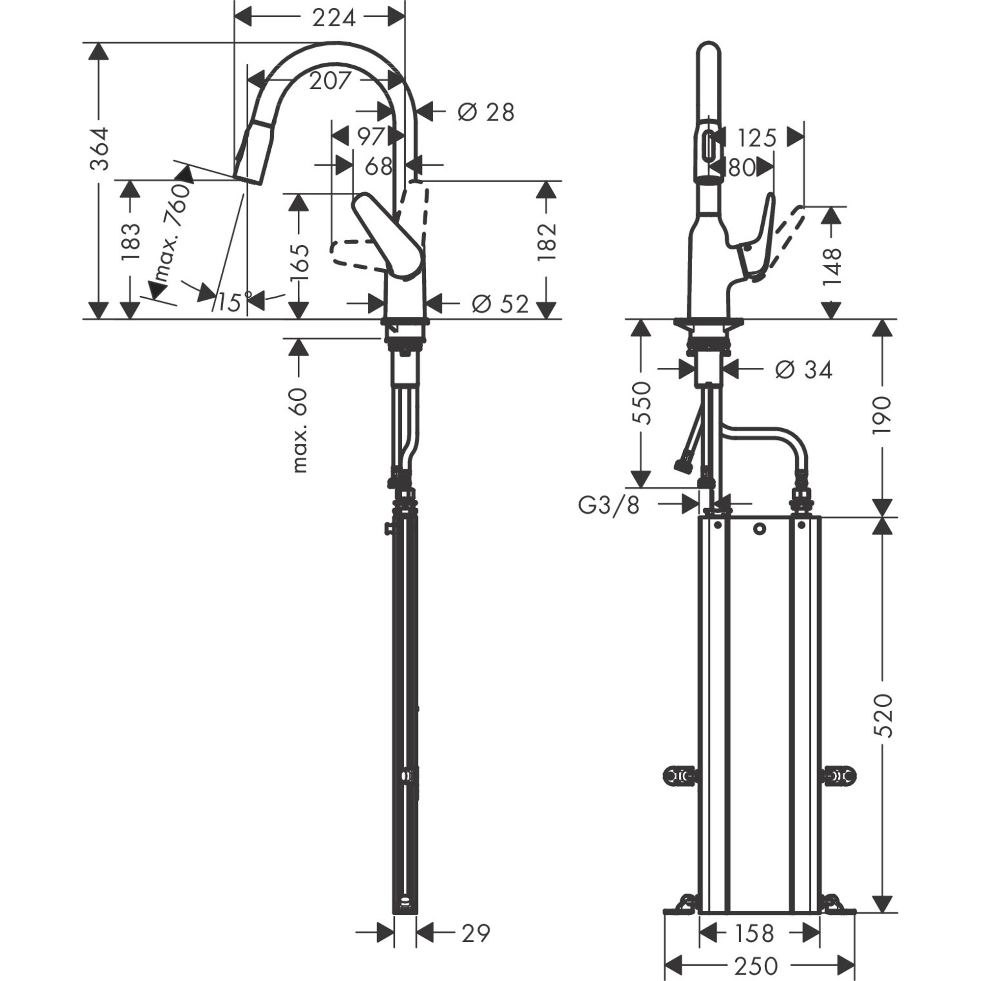 Hansgrohe M4216-H180 Eviye Bataryası Çek. El Duşu Krom 71821000