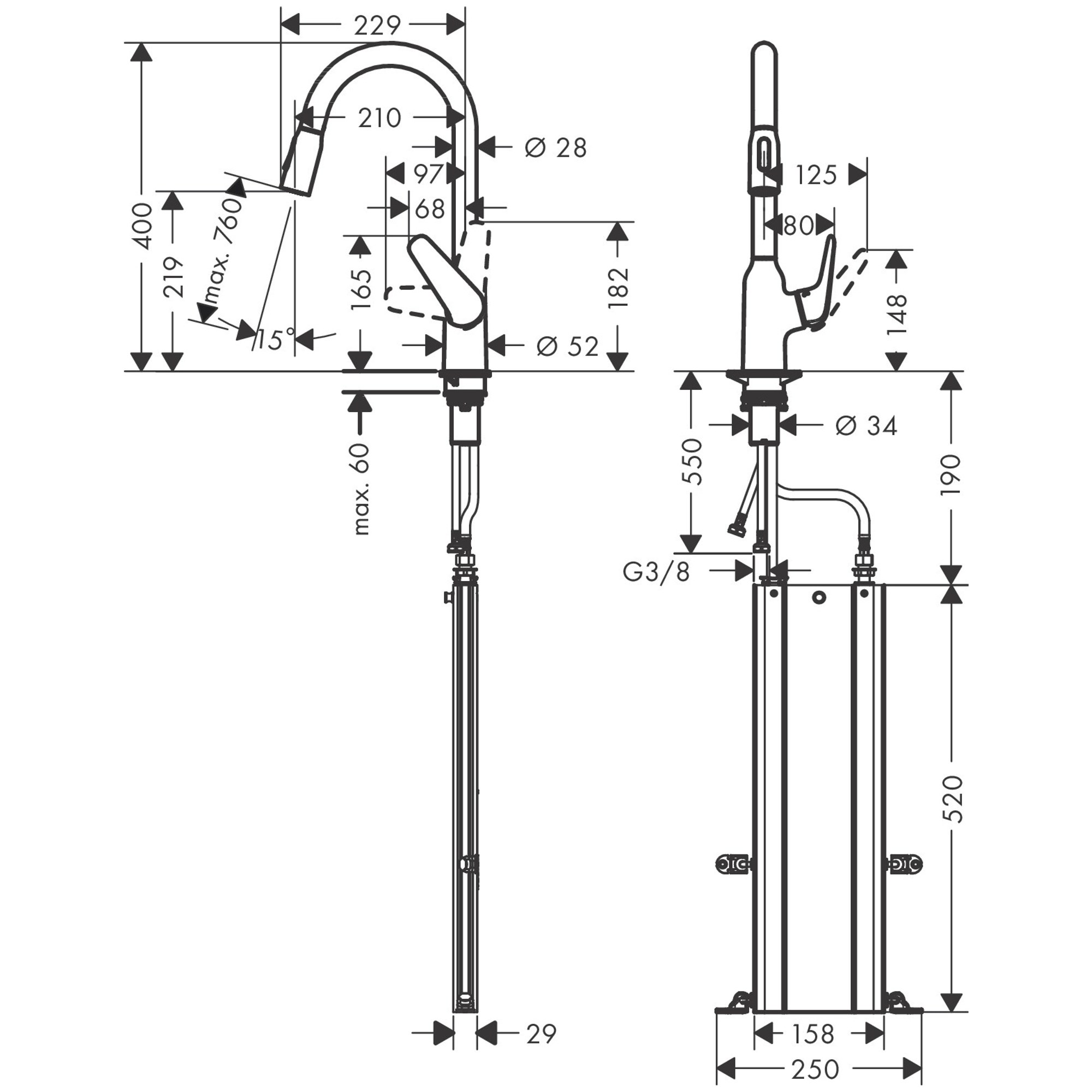 Hansgrohe M4216-H220 Eviye Bataryası Spiralli Paslanmaz Çelik 71820800