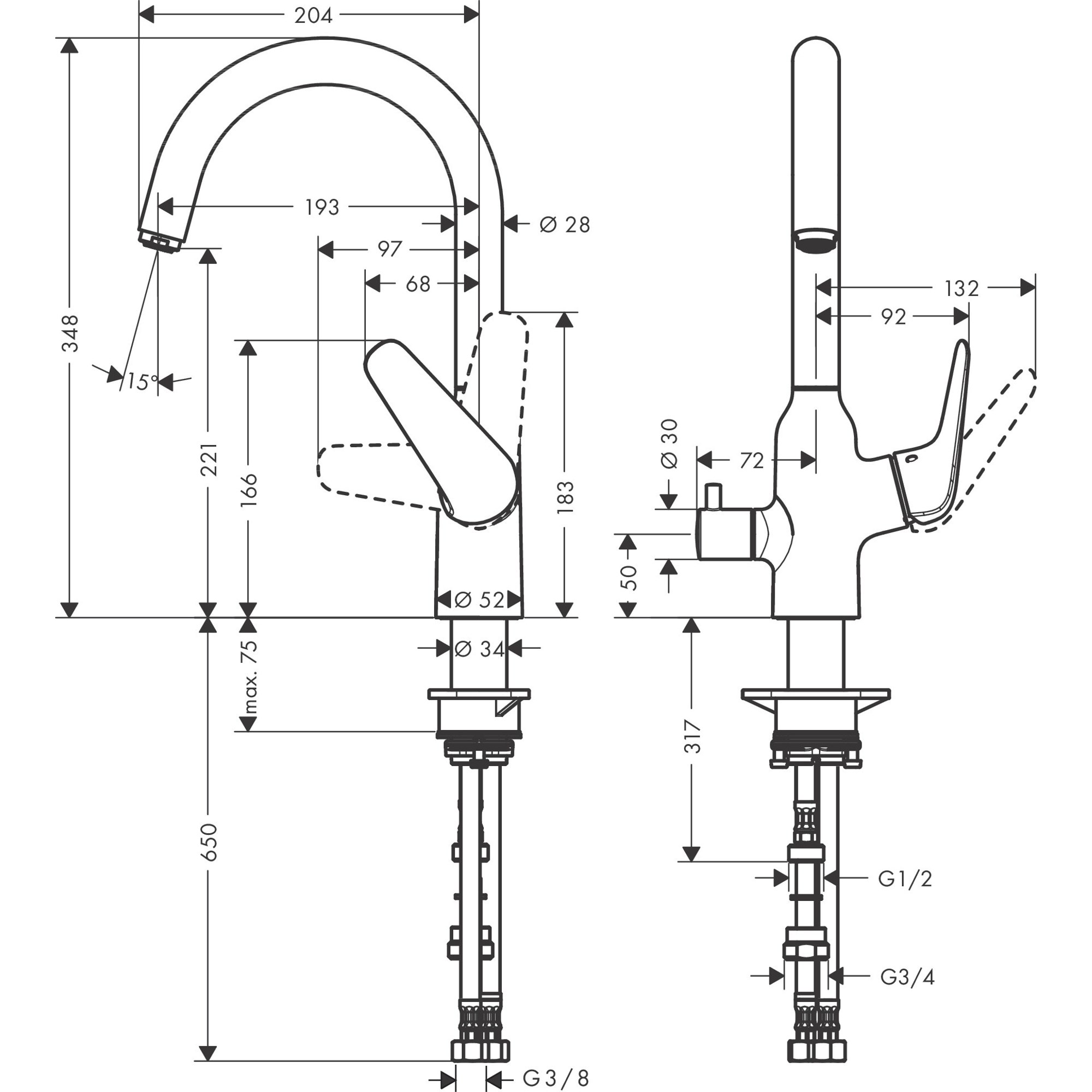 Hansgrohe M424-H220 Eviye Bataryası Açm.Kap.Valf.Kr 71803000