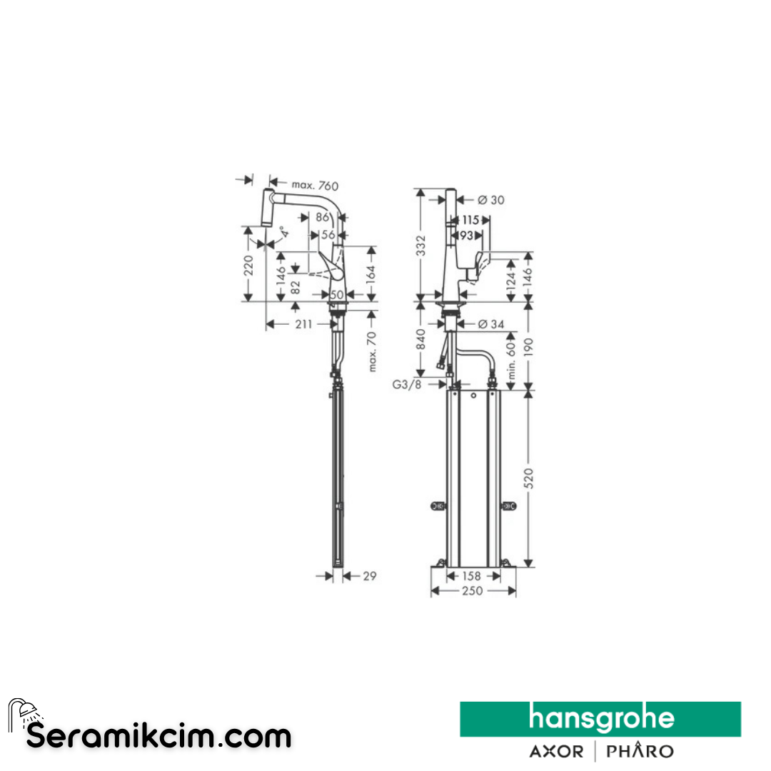 Hansgrohe Metris M71 H220 Tek Kollu Eviye Bataryası, Spiralli 2 Jet Krom 73800000