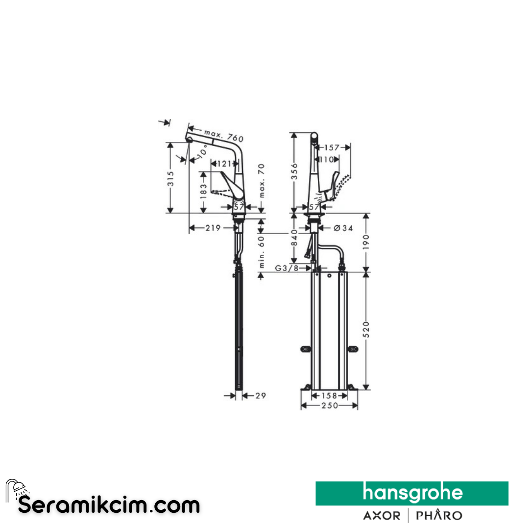 Hansgrohe Metris M71 H320 Tek Kollu Eviye Bataryası Spiralli sBox Krom 73812000