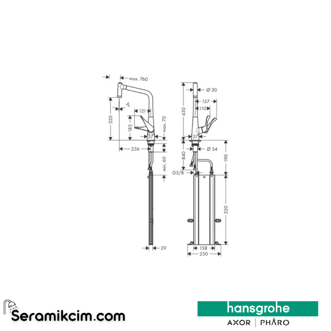 Hansgrohe Metris M71 H320 Tek Kollu Eviye Bataryası, Spiralli 2 Jet Krom 73801000