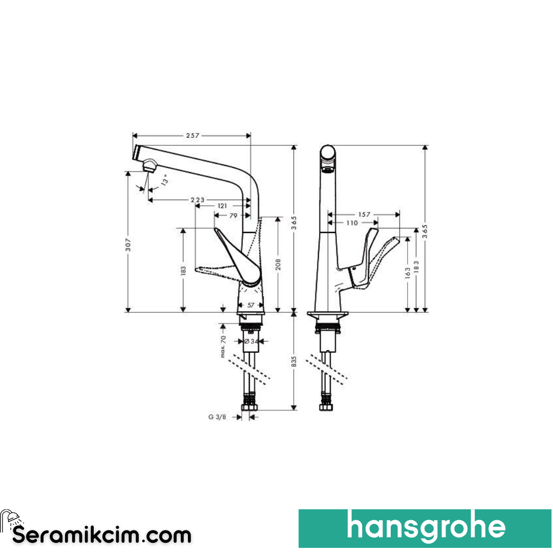 Hansgrohe Metris Select Eviye Bataryası Krom 14883000