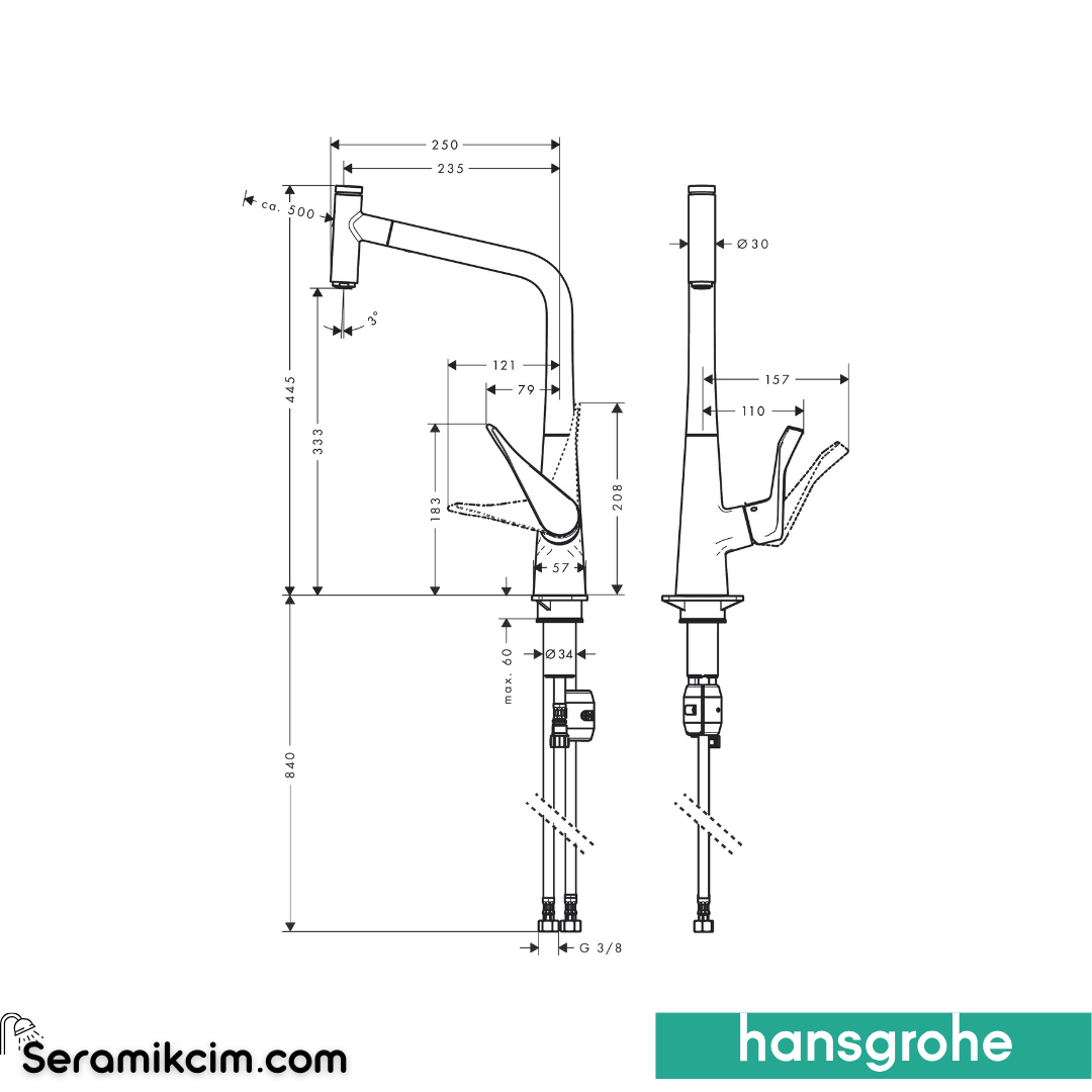 Hansgrohe Metris Select Eviye Bataryası 320 Spiralli El Duşu Krom 14884000