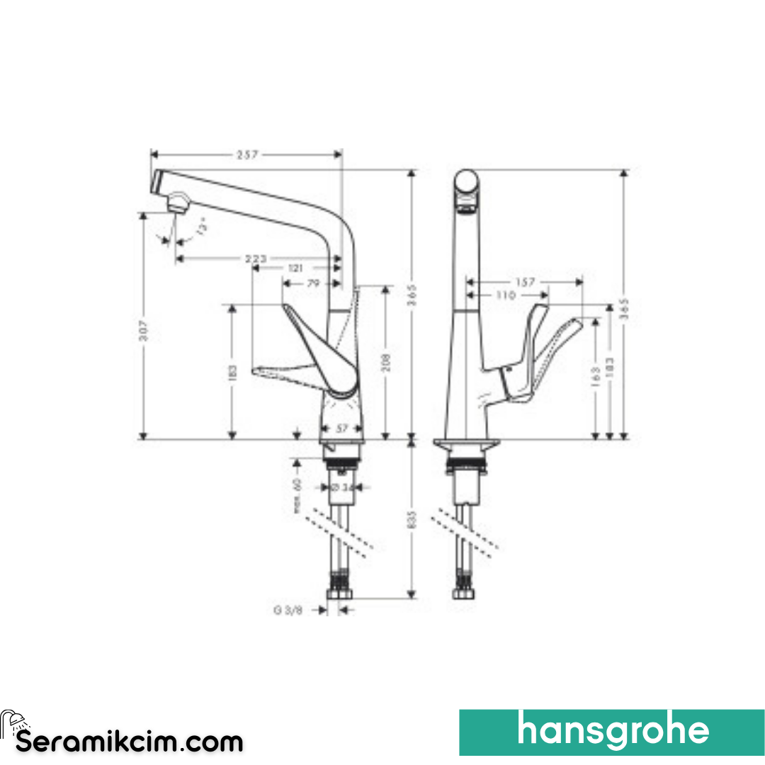 Hansgrohe Metris Select Eviye Bataryası Ecosmart+ Krom 14785000