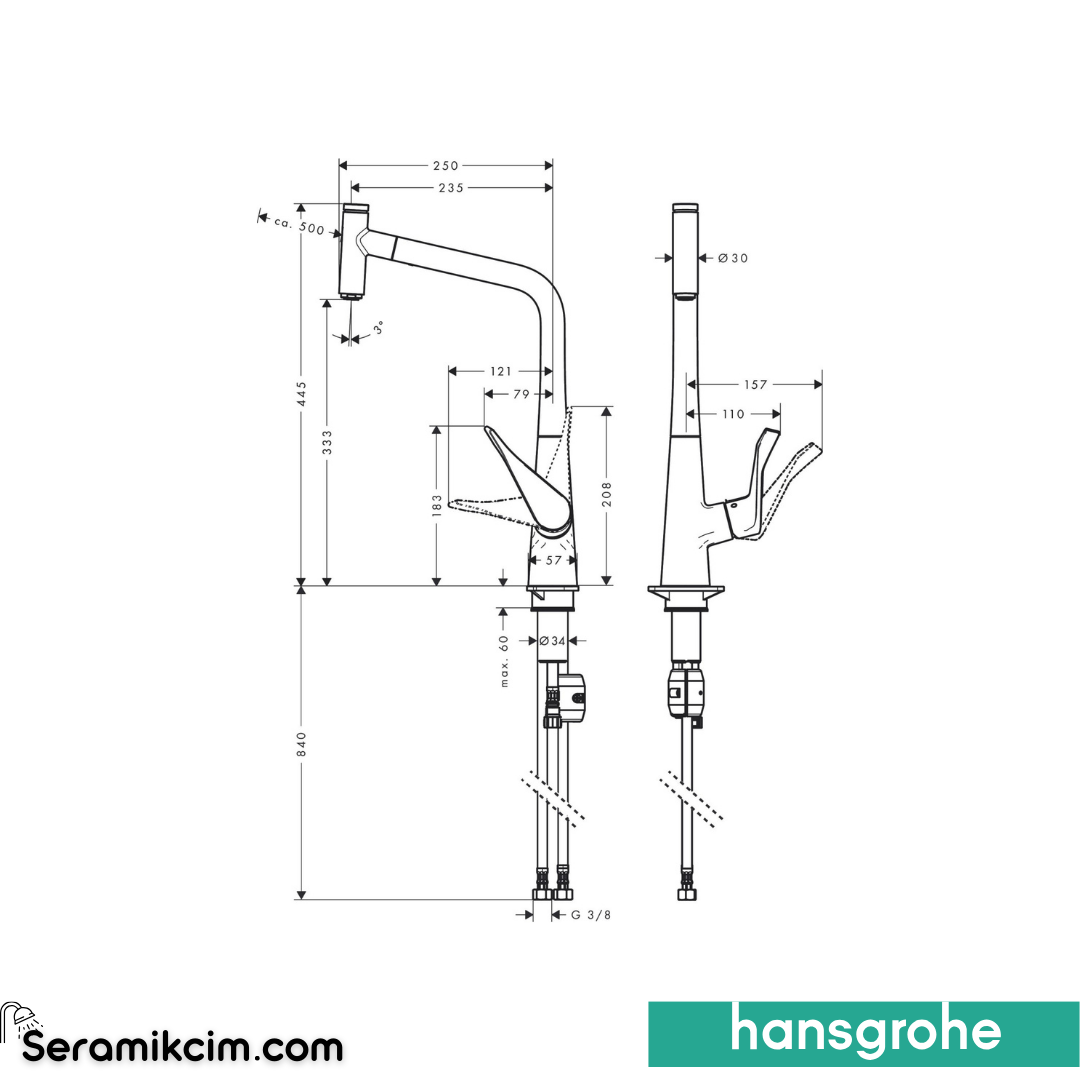 Hansgrohe Metris Select Eviye Bataryası 320 Spiralli El Duşu Ecosmart+ Krom 14786000