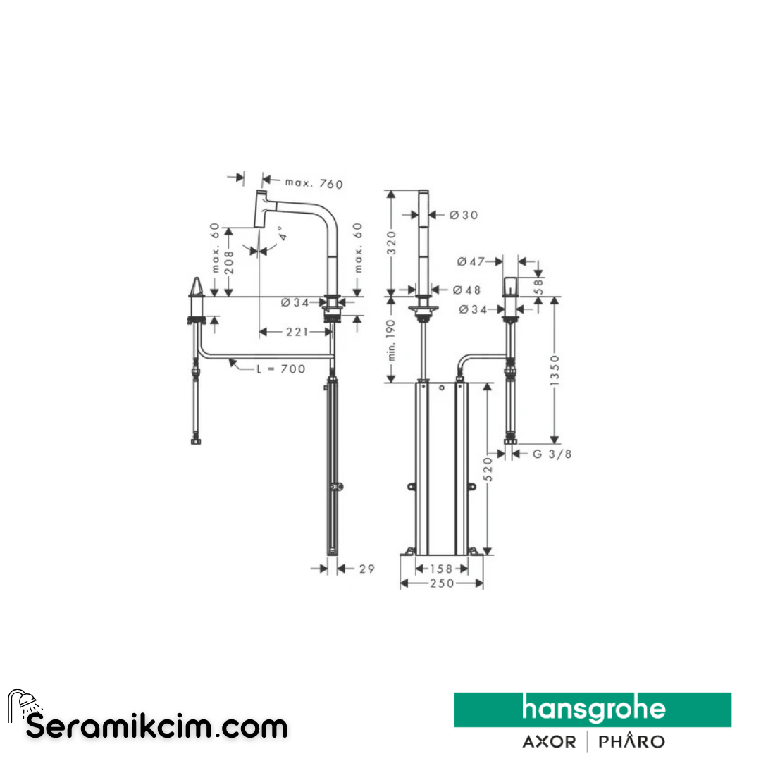 Hansgrohe Metris Select M71 2 Delikli Tek Kollu Eviye Bataryası 200 Eco,1Jetli sBox Krom 73825000