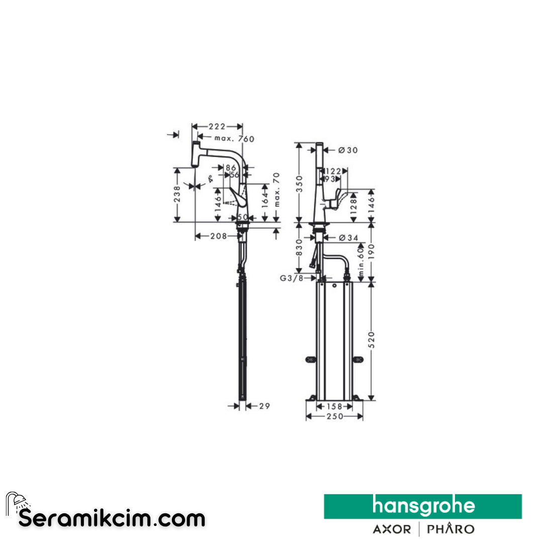 Hansgrohe Metris Select M71 H240 Tek Kollu Eviye Bataryası Spiralli sBox Krom 73802000