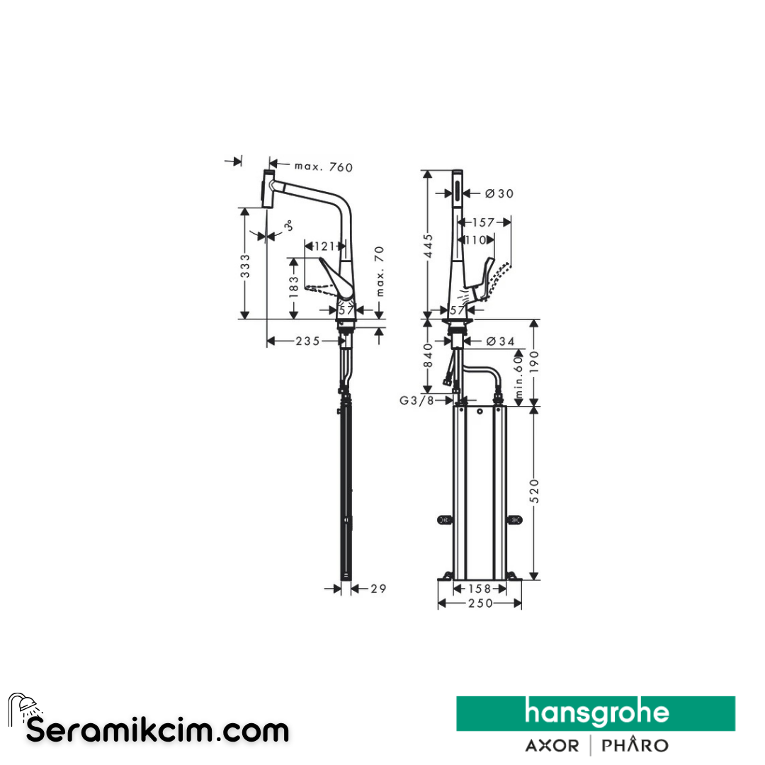 Hansgrohe Metris Select M71 H320 Tek Kollu Eviye Bataryası Spiralli 2 Jet sBox Paslanmaz Çelik 73816800