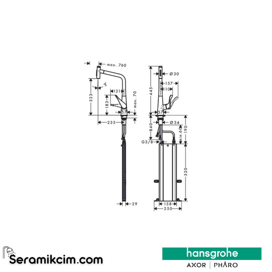 Hansgrohe Metris Select M71 H320 Tek Kollu Eviye Bataryası Spiralli 2 Jet sBox Krom 73816000