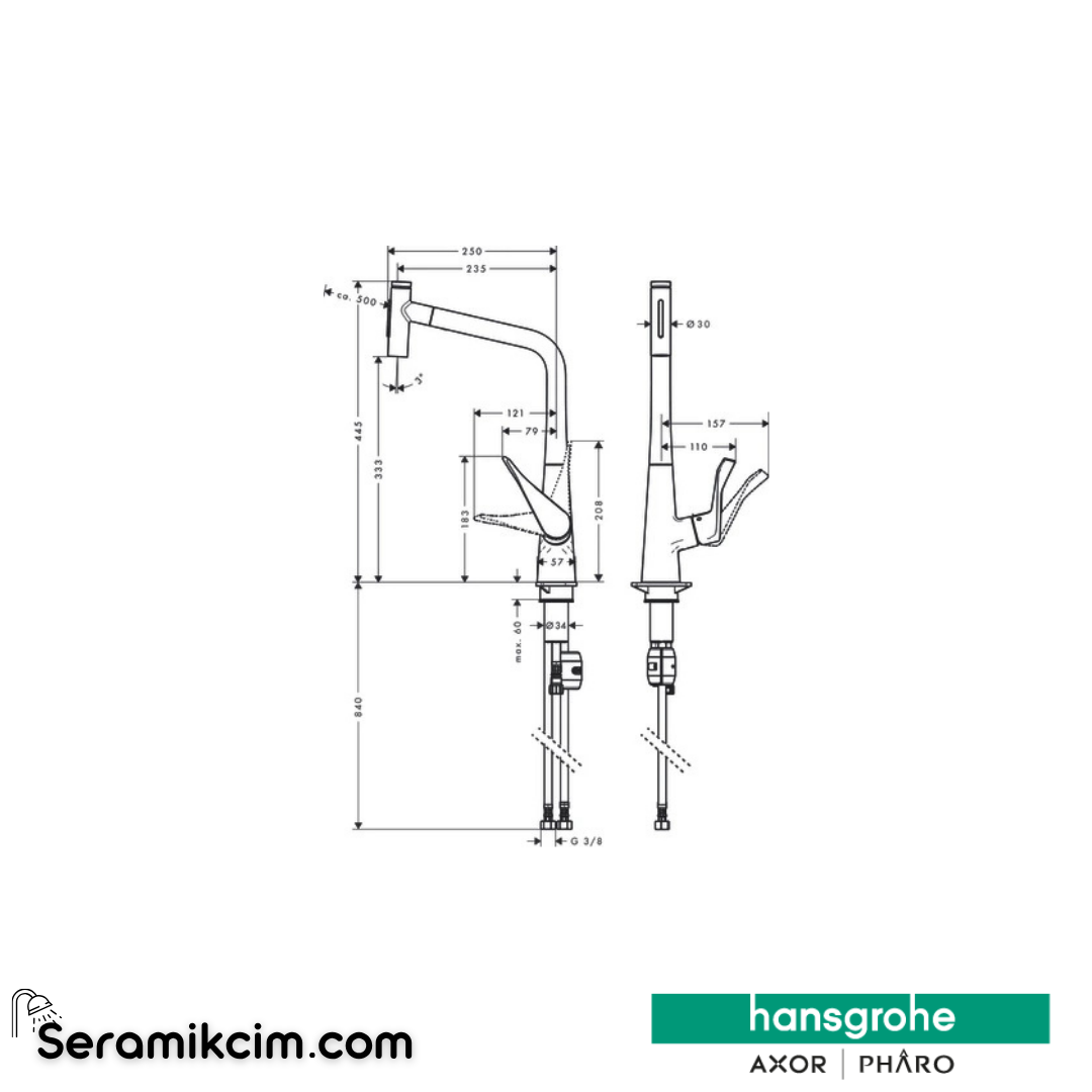 Hansgrohe Metris Select M71 H320 Tek Kollu Eviye Bataryası Spiralli 2 Jet Paslanmaz Çelik 73820800