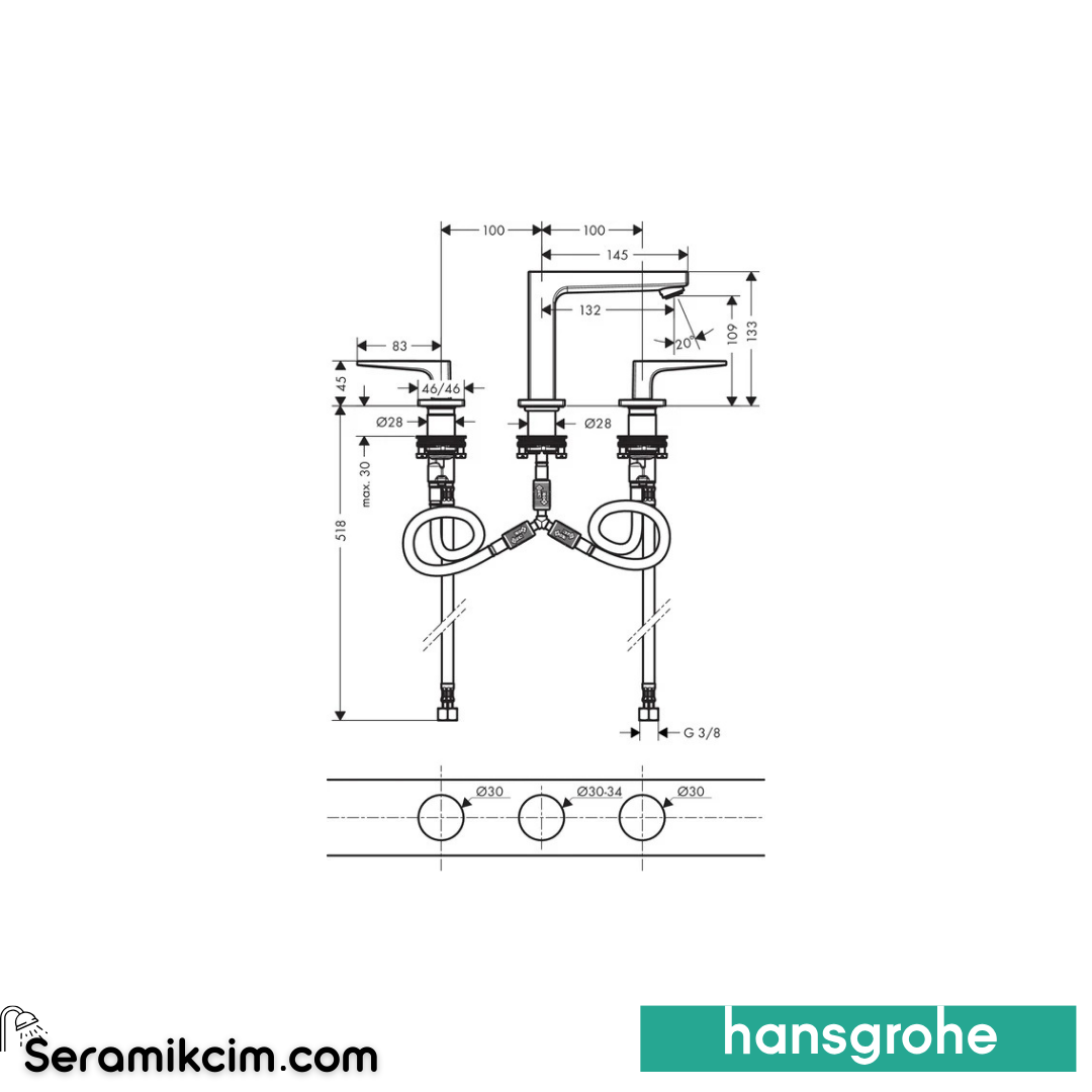 Hansgrohe Metropol 3 Delikli Lavabo Bataryası 110 Bas-Aç Gider Krom 32514000