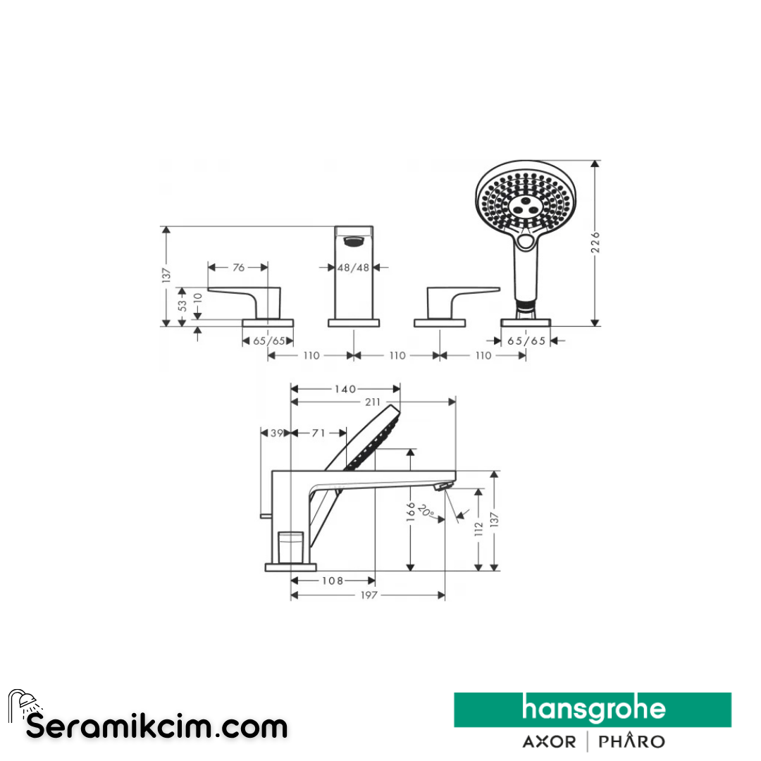 Hansgrohe Metropol Loop 4 Delikli Küvet Bataryası Krom 74553000
