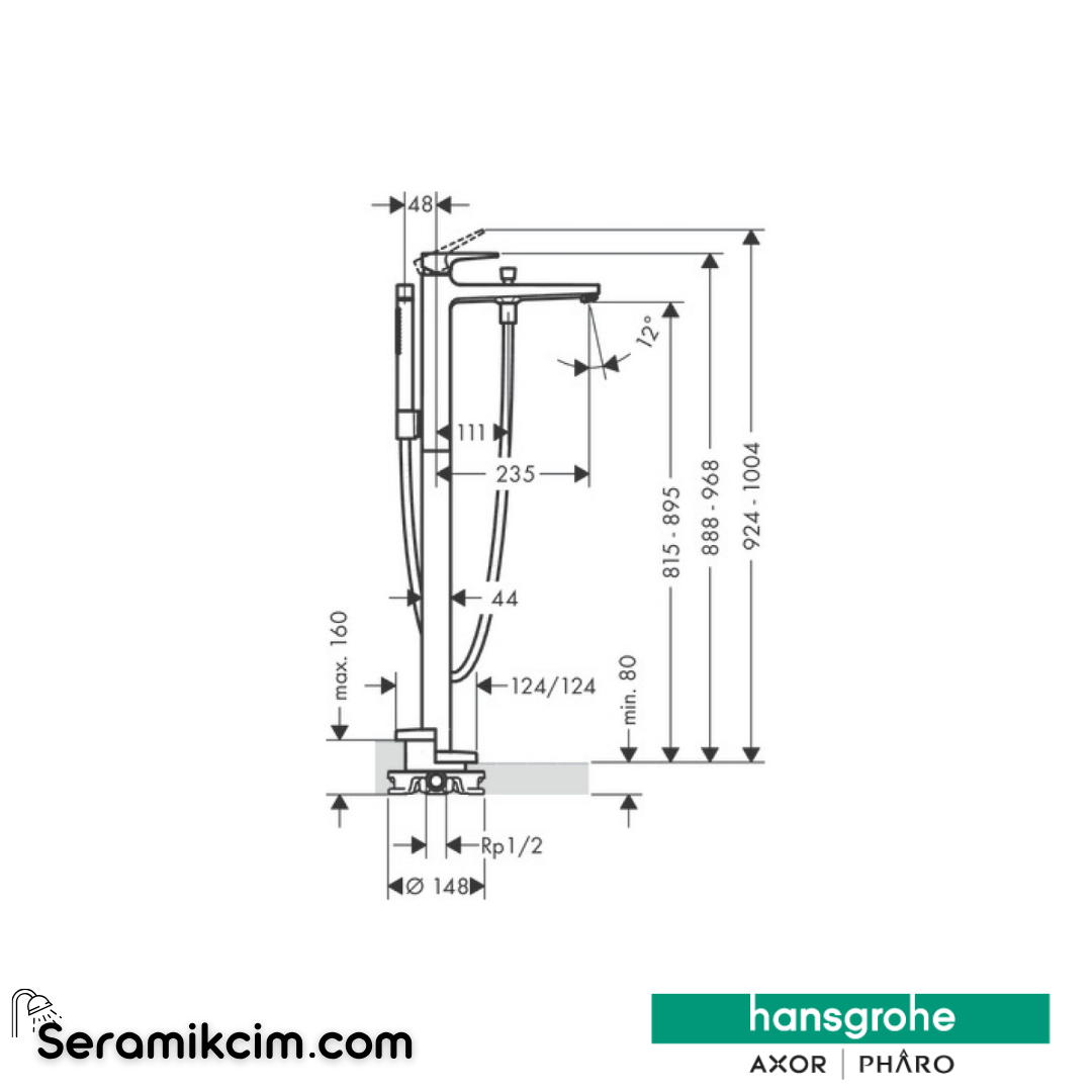 Hansgrohe Metropol Loop Tek Kollu Yerden Küvet Bataryası Krom 74532000