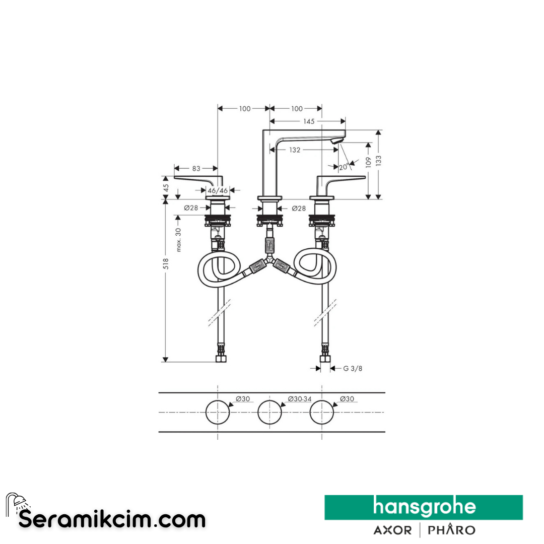 Hansgrohe Metropol Loop Volan 3 Delikli Lavabo Bataryası 110 Krom 74514000