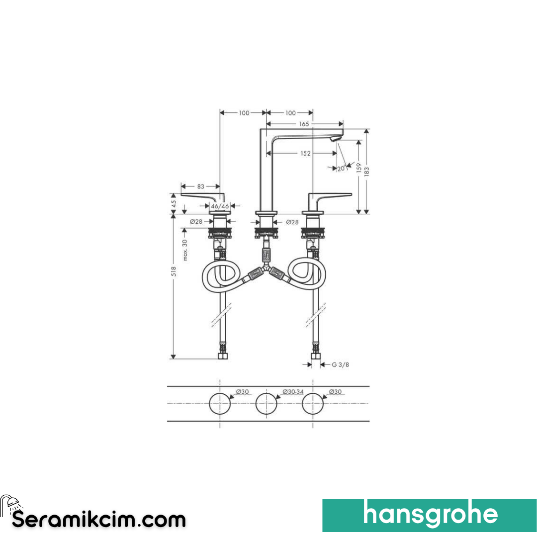 Hansgrohe Metropol Üç Delikli Lavabo Bataryası Mat Siyah Krom 32515340