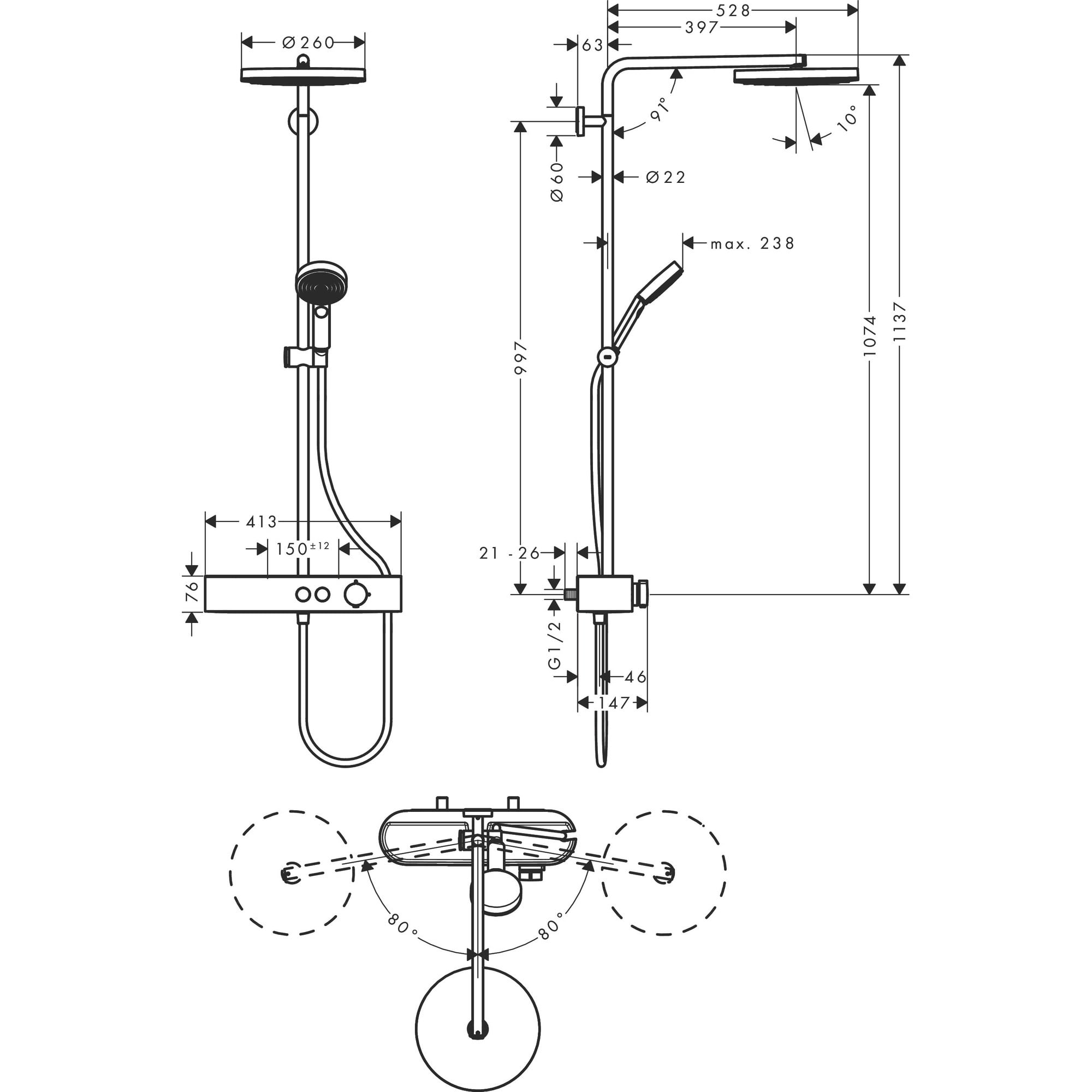 Hansgrohe Pulsify S Termostatik Duş Sistemi 26 cm 1 Fonksiyonlu EcoSmart ShowerTablet Select 400 Mat Siyah 24221670