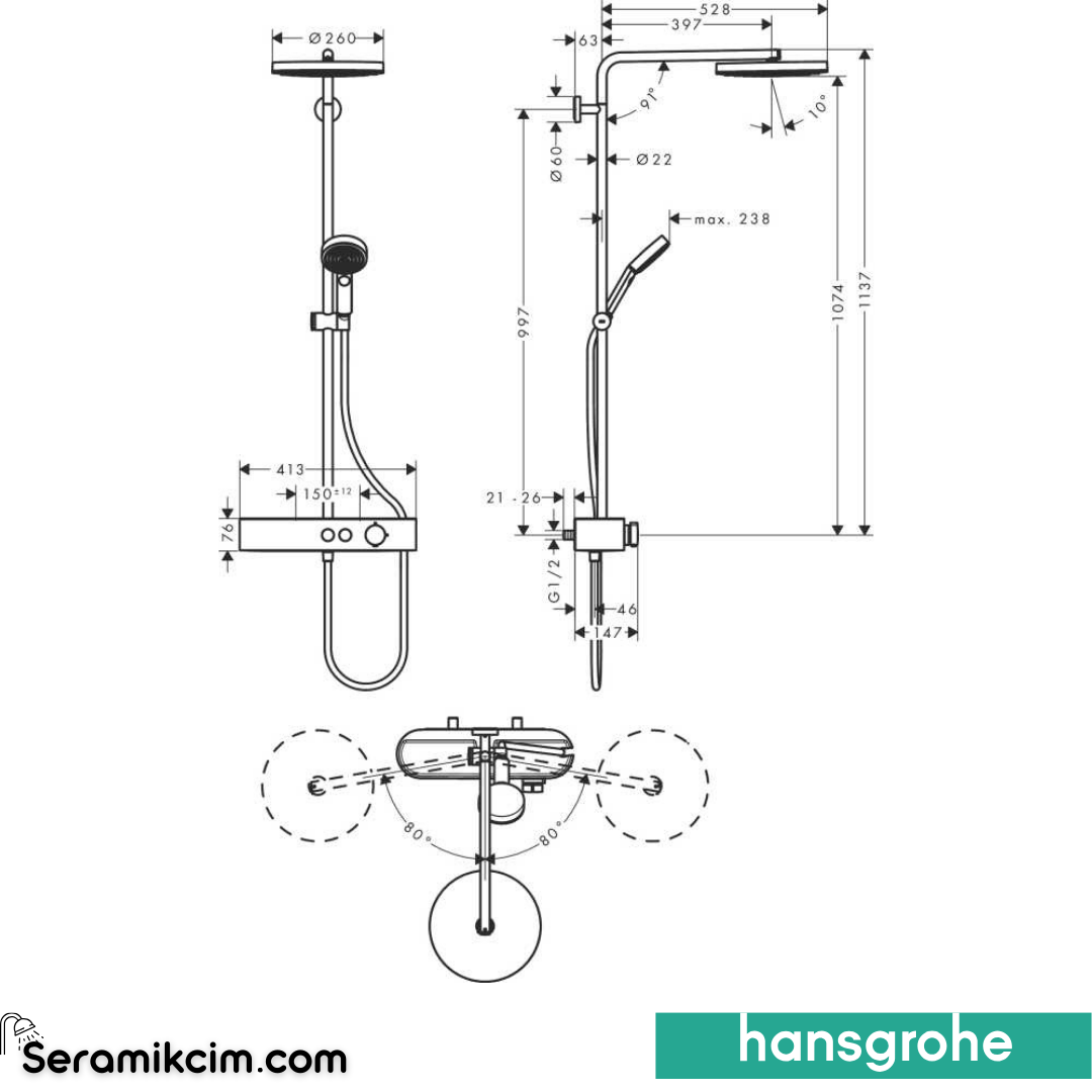 Hansgrohe Pulsify Termostatik Duş Kolonu 1 Jet Krom 24220000