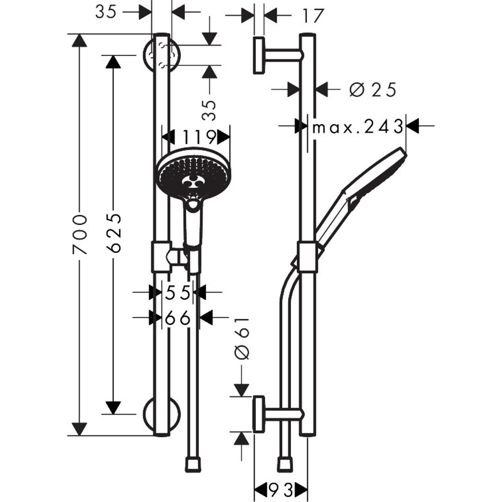 Hansgrohe Raindance Select S Duş Seti 65 cm Sürgülü 12,5 cm El Duşlu 3 Fonksiyonlu Krom 26320000