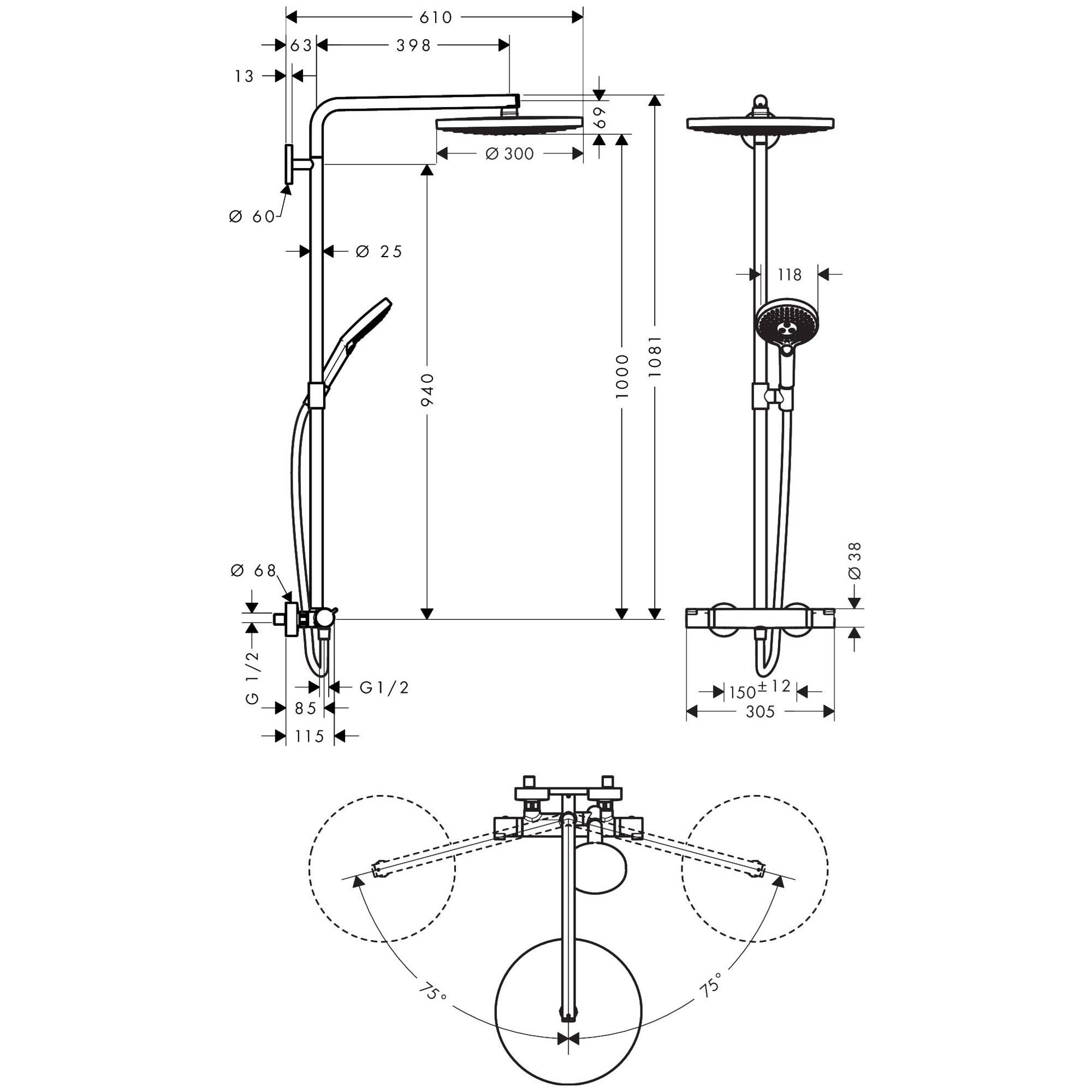 Hansgrohe Raindance Select S Termostatik Duş Sistemi 300 2 Fonksiyonlu Beyaz-Krom 27133400