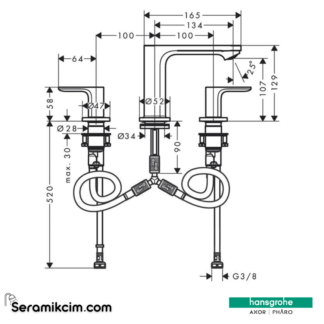 Hansgrohe Rebris E Eviye Bataryası S 3-Delikli Lavabo Bataryası 110 Kumandalı 72530000 - 72530000