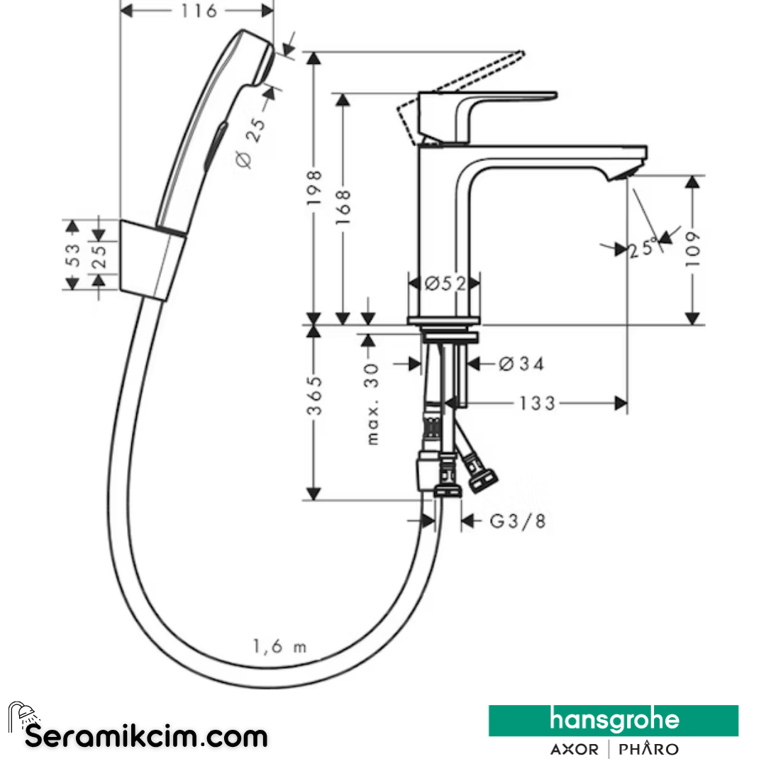 Hansgrohe Rebris E Eviye Bataryası S Tek Kollu Lavabo Bataryası 110 Bidette El Duşu Ve 160Cm Duş Hortumu İle Kumandasız 72215000 - 72215000