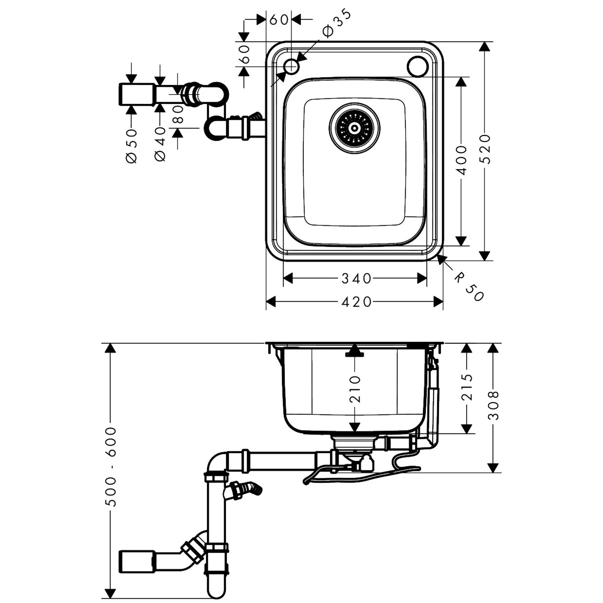 Hansgrohe S412-F340 Ankastre Eviye 340/400 Çelik 43334800