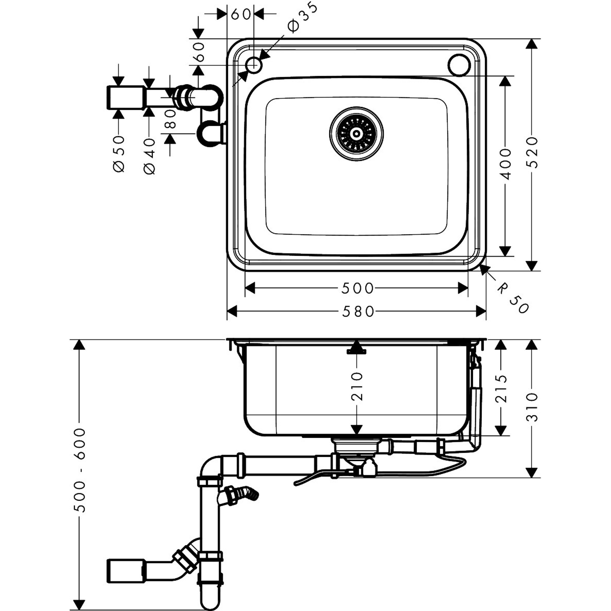 Hansgrohe S412-F500 Ankastre Eviye 500/400 Çelik 43336800